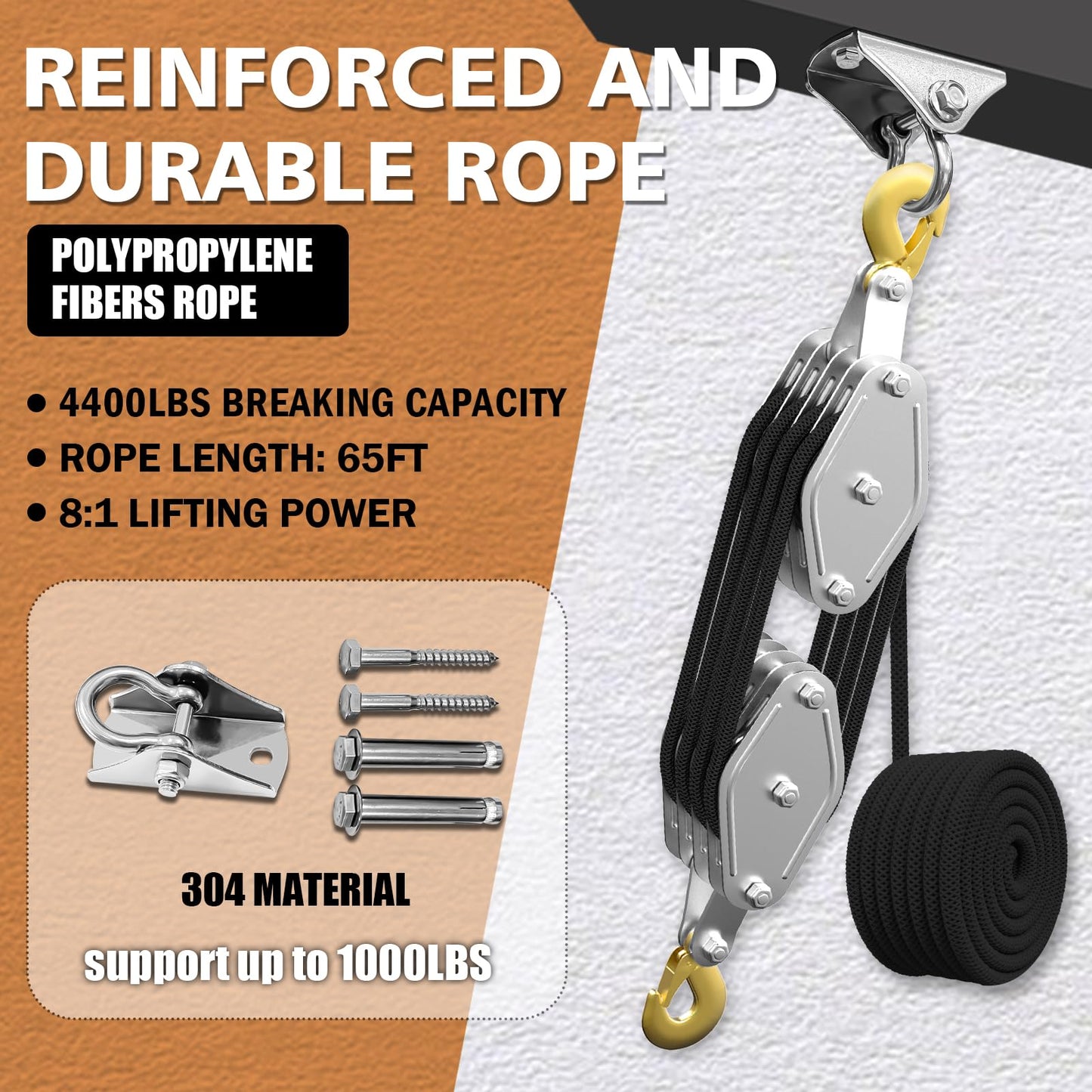 Rope Hoist Pulley System, 4400LB Pulley Block and Tackle, 8:1 Ratio Lifting Power 65ft, Heavy Duty Pulley Block for Lifting Pulling (with 2PCs Straps)