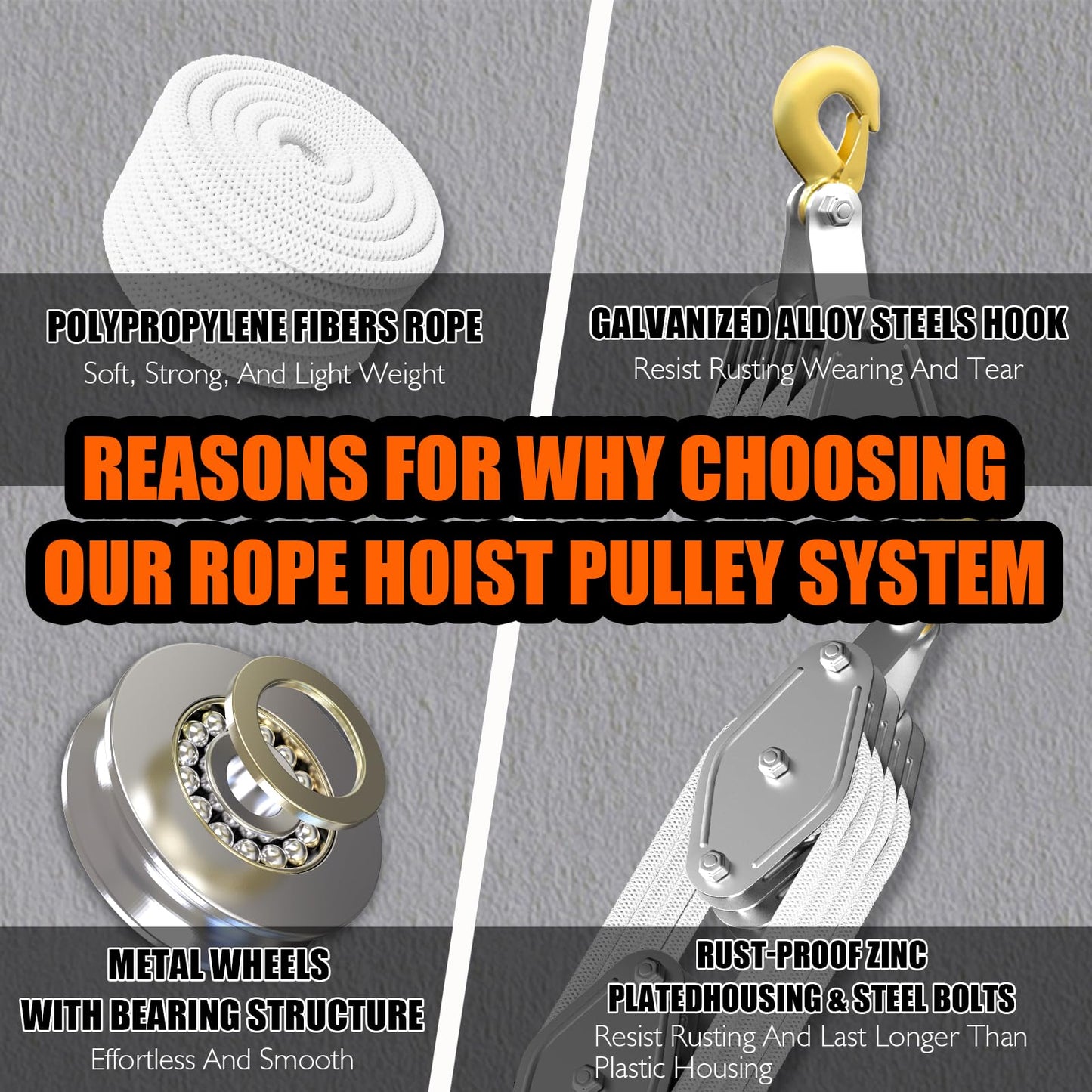 Rope Hoist Pulley System, 4400LB Pulley Block and Tackle, 8:1 Ratio Lifting Power 65ft, Heavy Duty Pulley Block for Lifting Pulling (with 2PCs Straps)