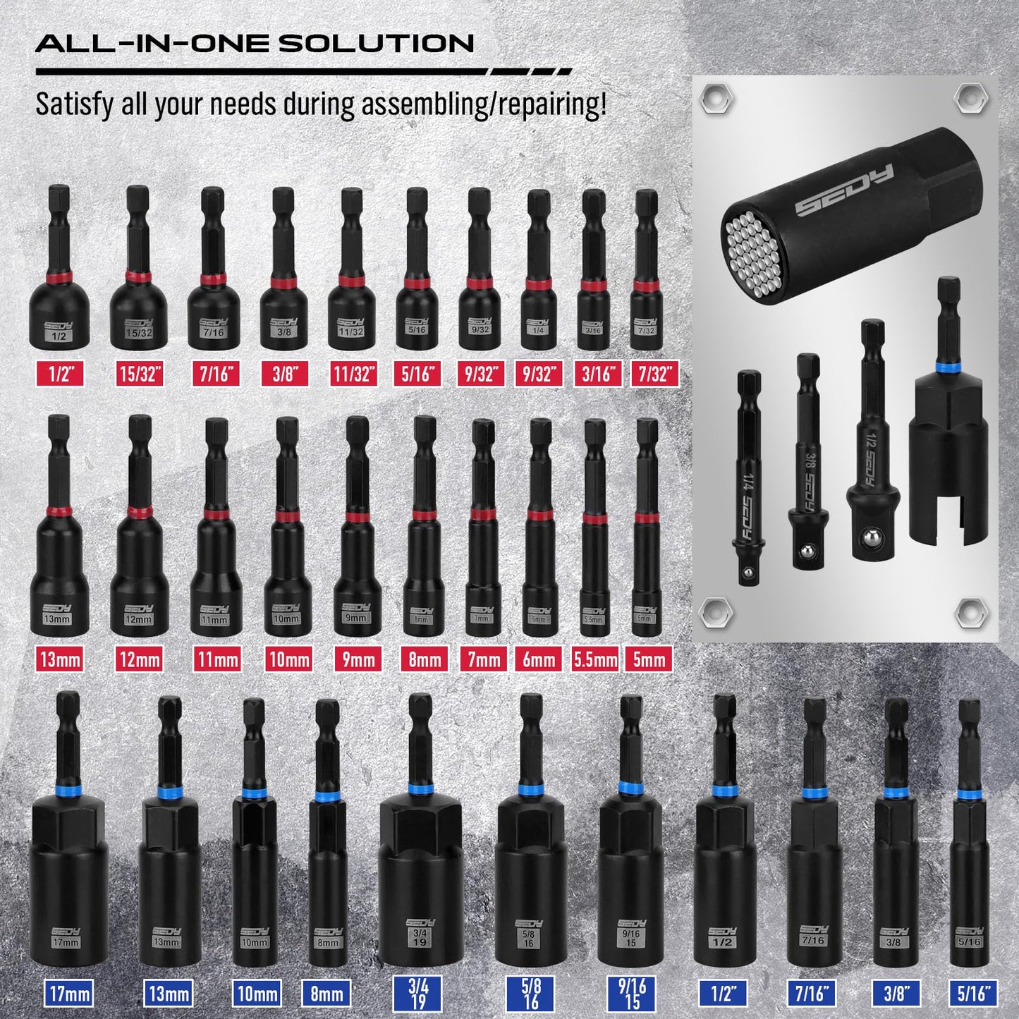 41-Piece Premium 1/4" Drive Magnetic Impact Nut Driver Set Metric & SAE Standard & Deep with Socket Adapters, 2-in-1 Ratchet Wrench, Wing Nut Driver, Universal Sockets, Quick Release Bit Holder