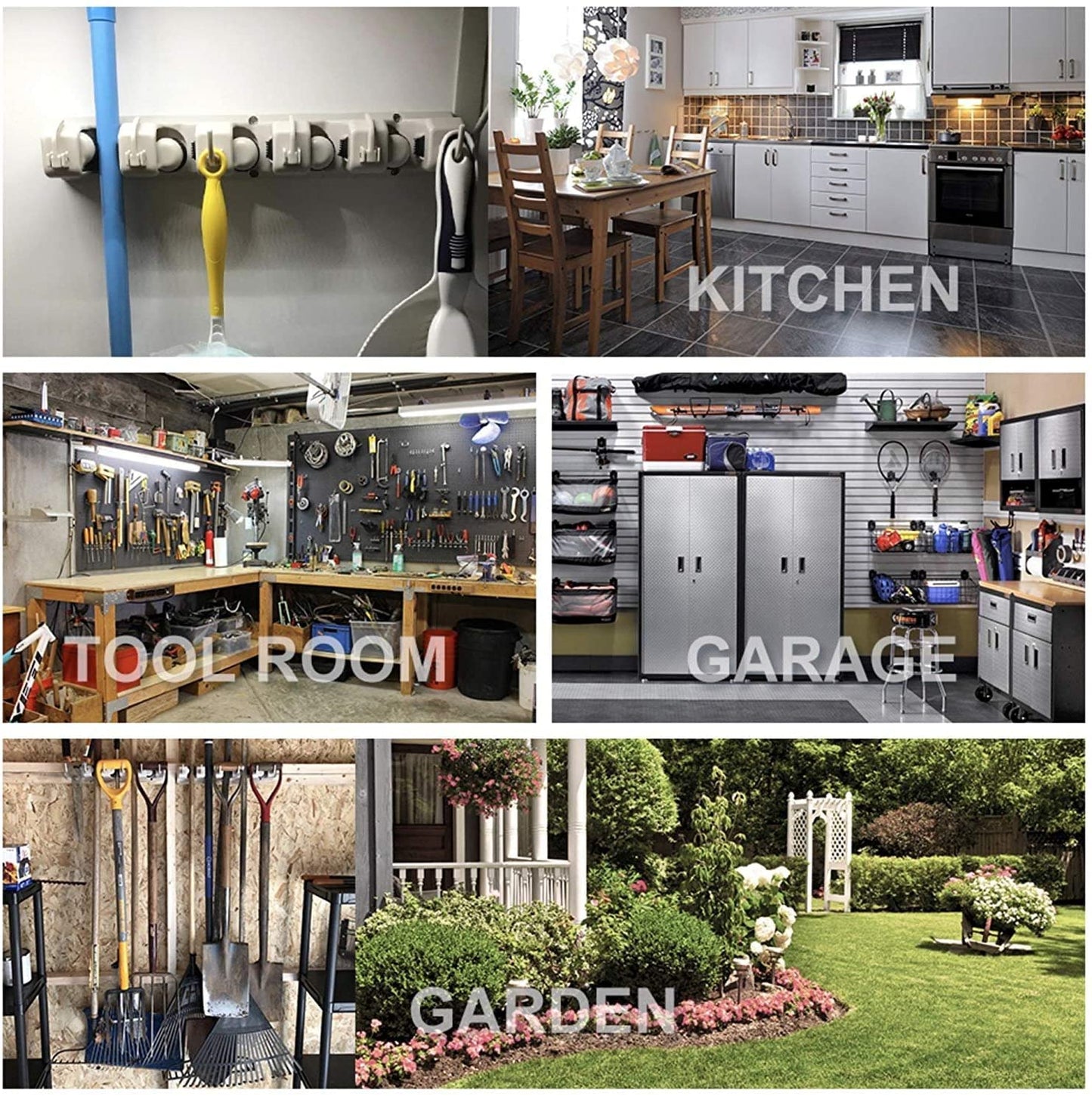 IMILLET 2 Pack Mop and Broom Holder, Wall Mounted Organizer Mop and Broom Storage Tool Rack with 5 Ball Slots and 6 Hooks (Black)