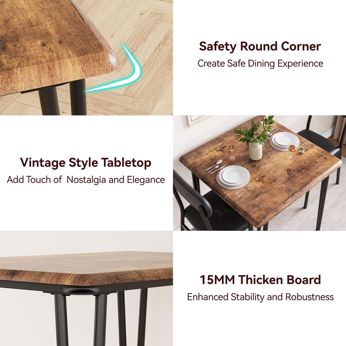 IDEALHOUSE Dining Table for 2-Small Square Kitchen Dining Dinner Room Tables Set,Space Saving Wood Modern Dinette Accent Furniture for Breakfast Nook, (Dark, Table with 2 Upholstered Chairs)