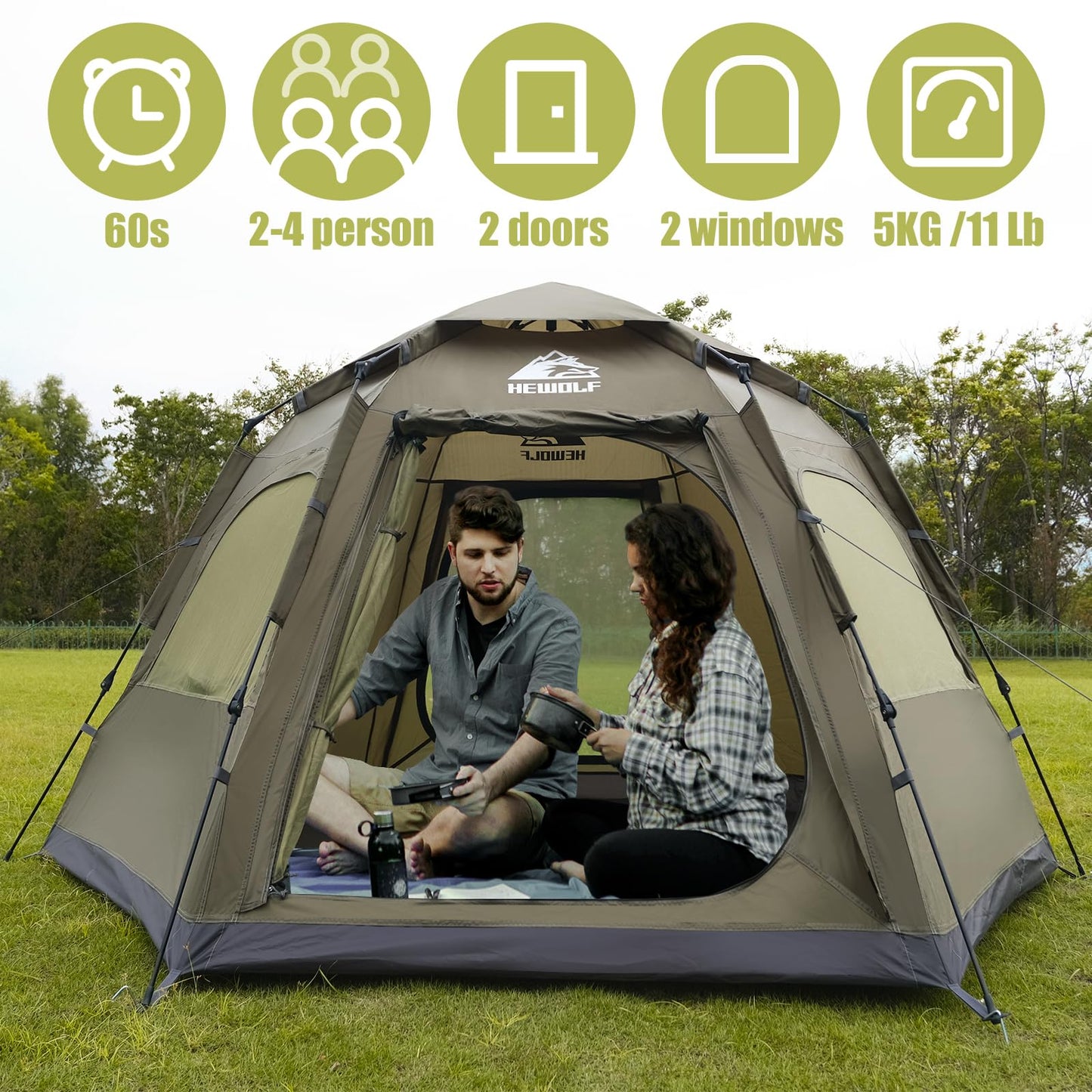 Hewolf 2/3/4 Person Camping Tent - Instant Pop Up Waterproof 2 Doors Tent with Easy Setup | 3-Season Hexagonal Dome Design for Family, Hiking & Traveling