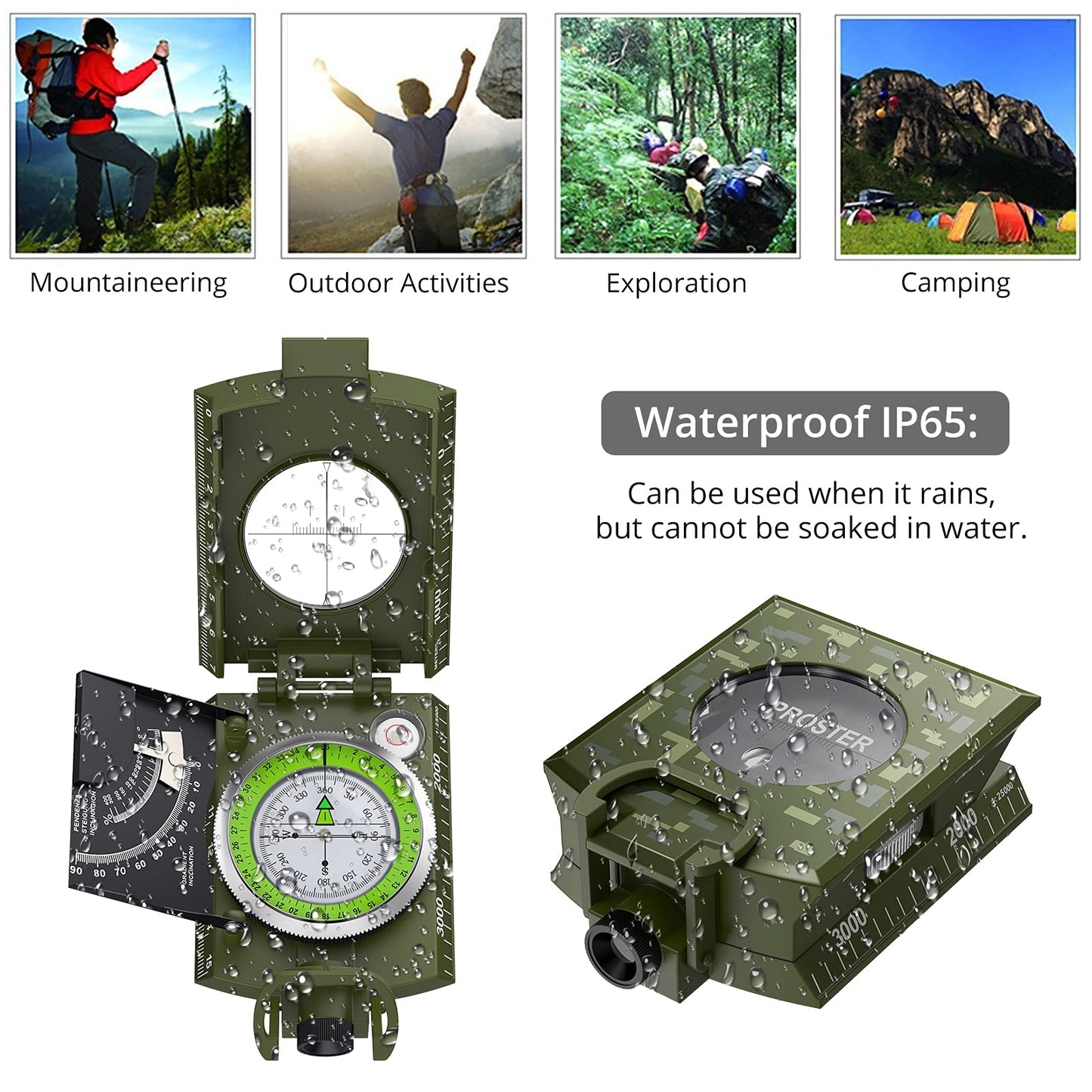 Proster IP65 Compass Hiking Survival - Lensatic Sighting Compass for Camping Navigation, Compass with Clinometer & Carry Bag for Camping Hunting Hiking Geology Activities