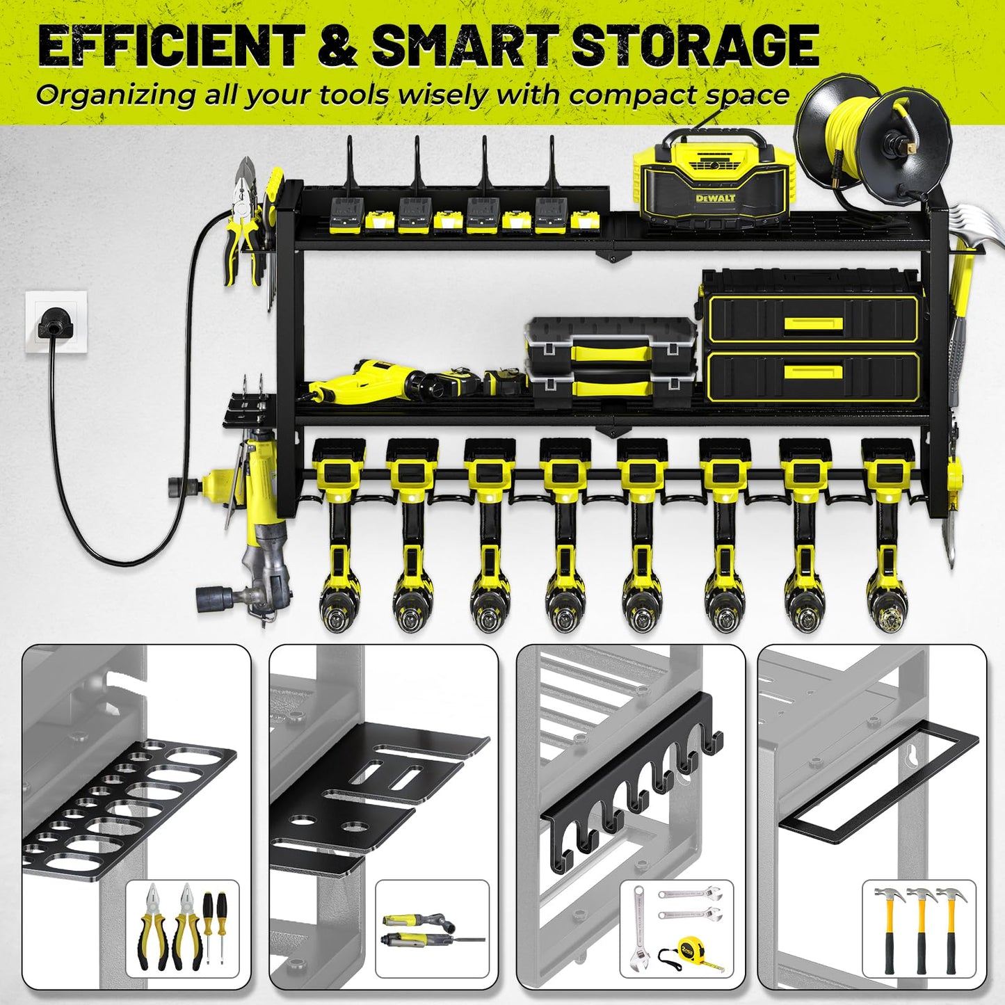KAFAHOM Power Tool Organizer with Charging Station.Garage 8 Drill Holder Built in 8 Outlets Power Strip,Tool Storage Shelf Wall Mount,Tool Battery Organizer with Screwdriver/Hammer/Air Tool Rack