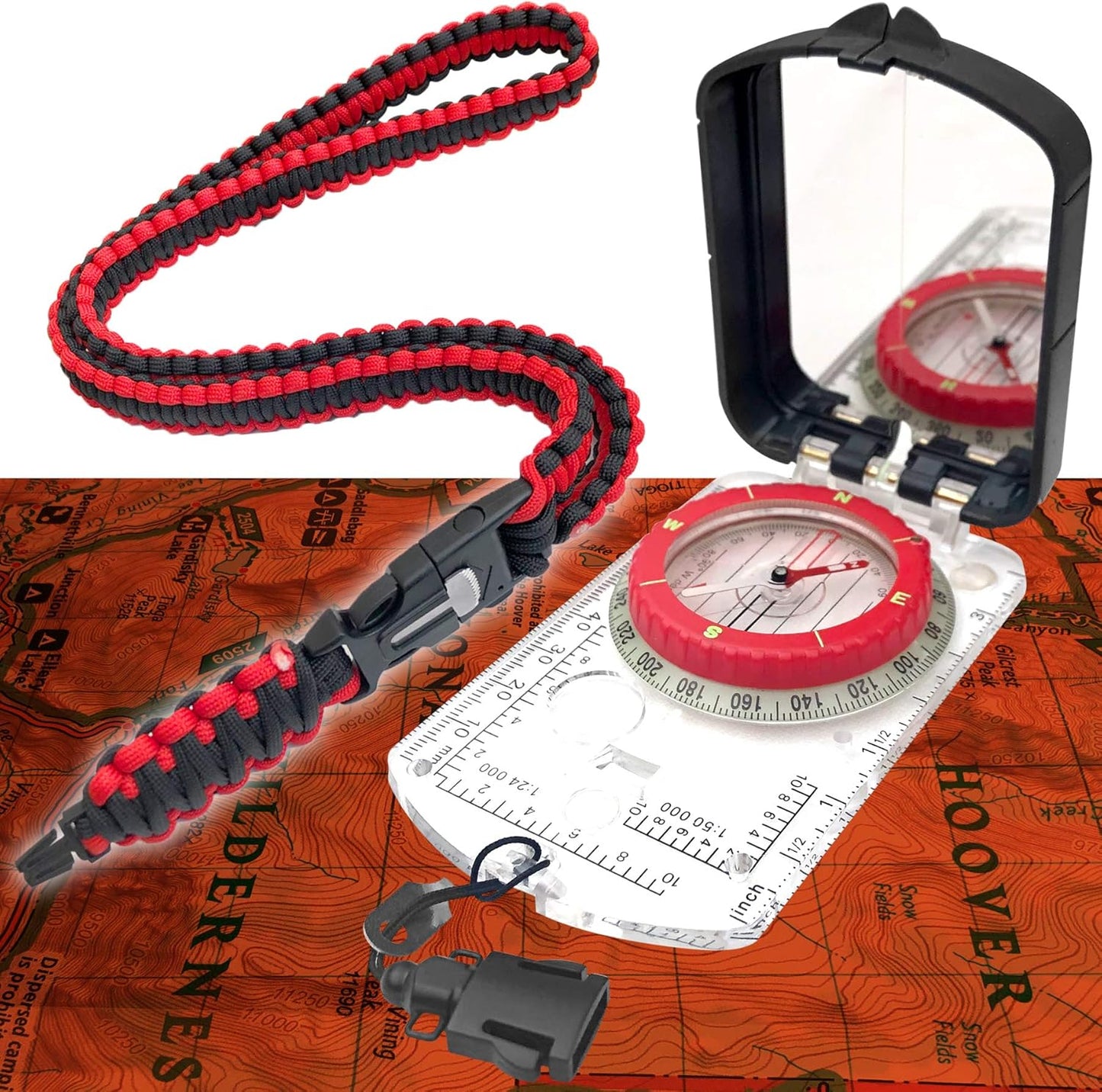 PREPARED4X Hiking Compass Survival – Mirror Sighting Map Orienteering Compass – with 35-Ft 550 Survival Paracord Lanyard, Fire Starter, Whistle, Fishing Line, Tinder Cord