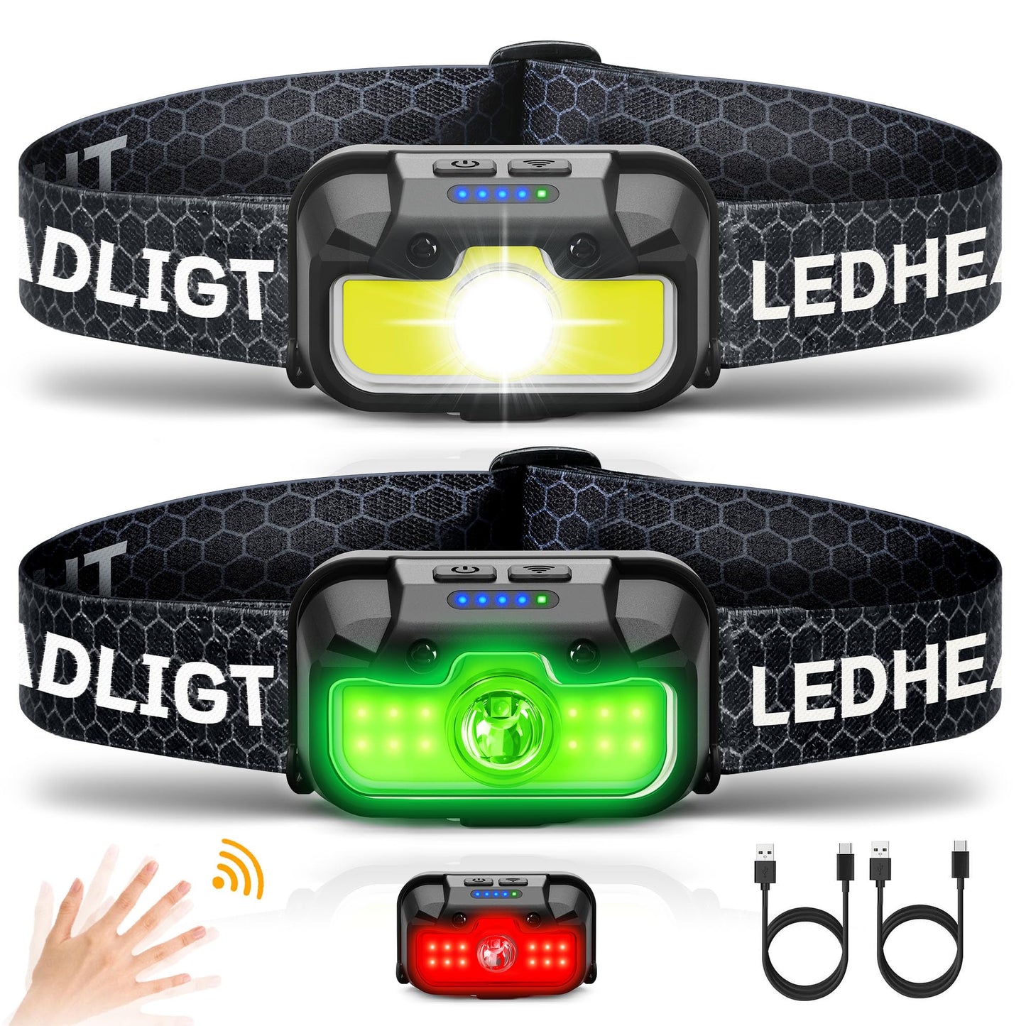 Headlamp Rechargeable, 2 Pack 1300 Lumen Ultra-Light Bright Head Lamp with White Red Green, 14 Modes Adjustable Waterproof Motion Sensor Headlight for Outdoor Camping Running Cycling Hiking