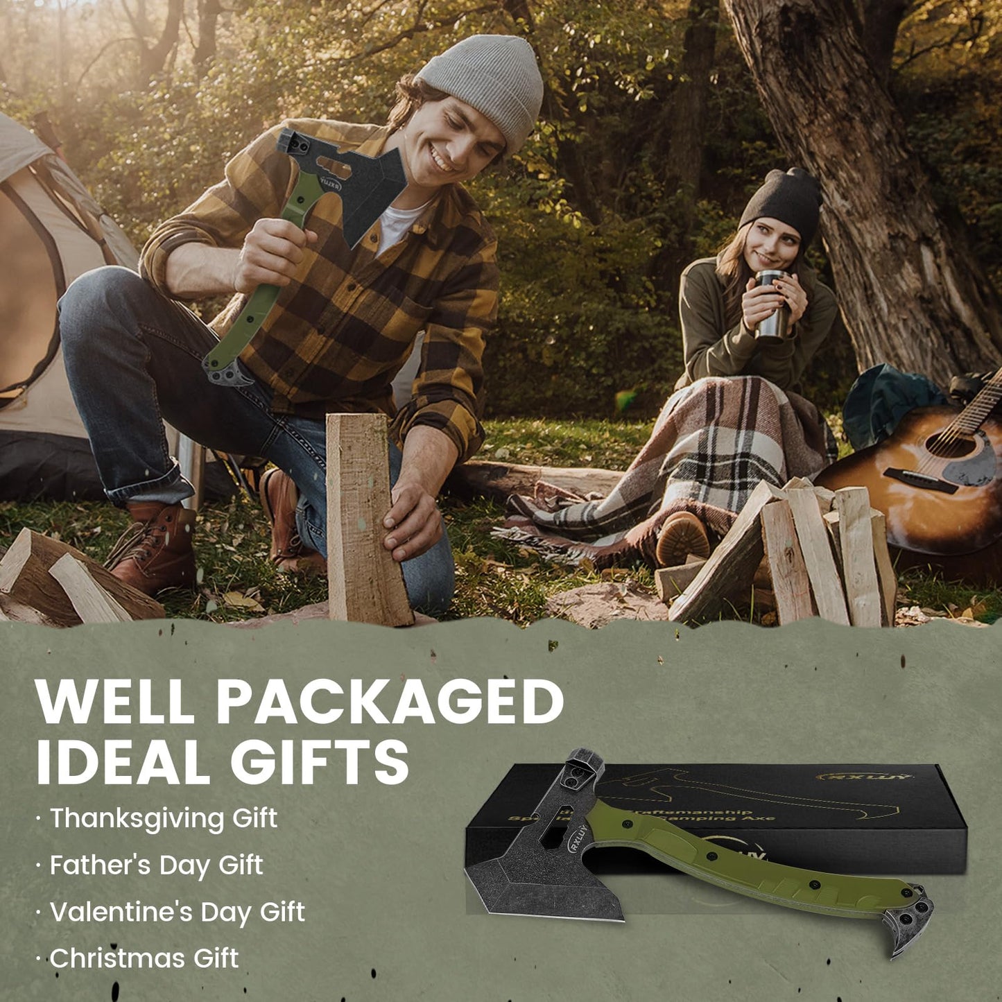 Tactical Axe with G10 Handle Camping Survival Hatchet, Multifunctional Hiking Outdoor Heavy Duty Full Tang Tomahawk Tools with Hammer, Unique Design Crowbar, Leather Sheath (Green)