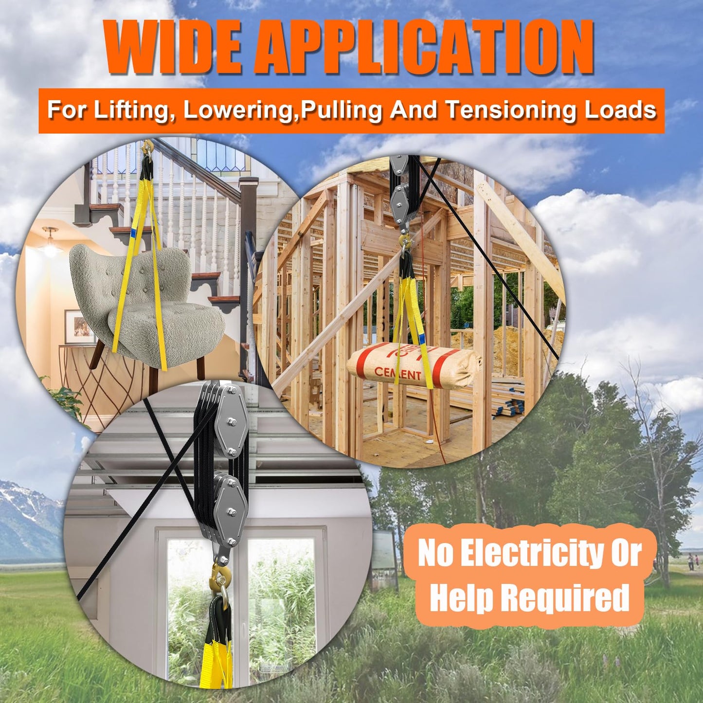 Rope Hoist Pulley System, 4400LB Pulley Block and Tackle, 8:1 Ratio Lifting Power 65ft, Heavy Duty Pulley Block for Lifting Pulling (with 2PCs Straps)