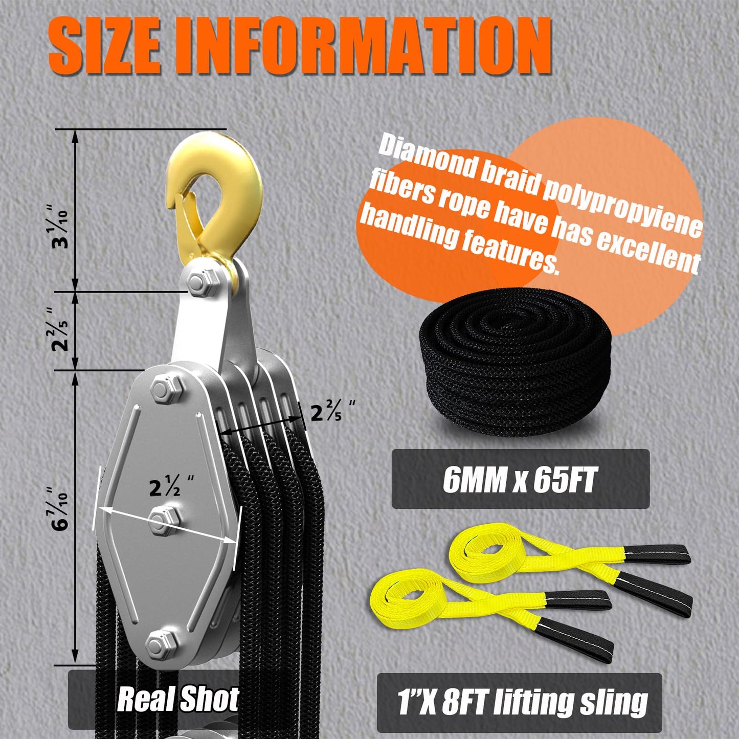 Rope Hoist Pulley System, 4400LB Pulley Block and Tackle, 8:1 Ratio Lifting Power 65ft, Heavy Duty Pulley Block for Lifting Pulling (with 2PCs Straps)