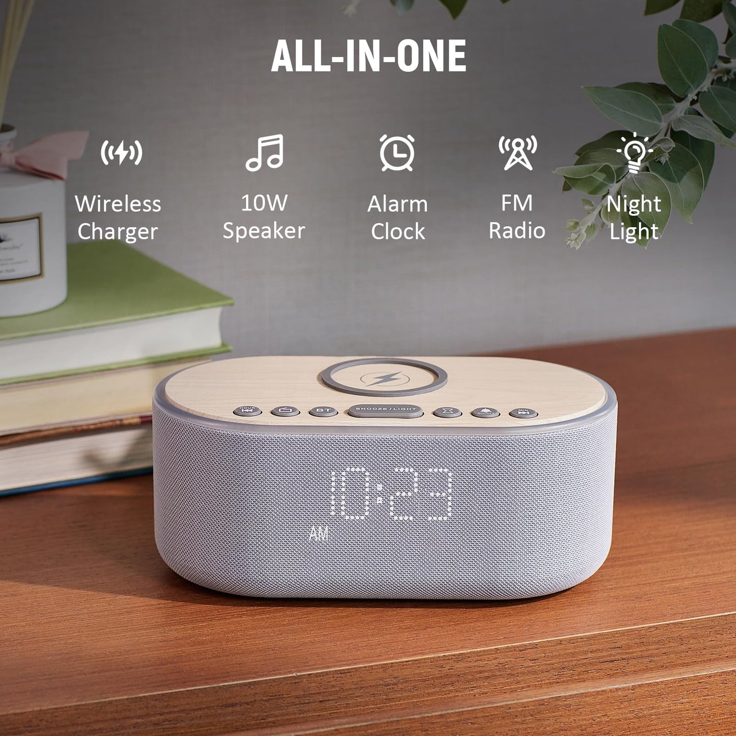 uscce Alarm Clock Bluetooth FM Radio: 10W Stereo Sound Speaker - Fast Wireless Charging for iPhone Samsung - Dimmable Clock Radio for Bedroom