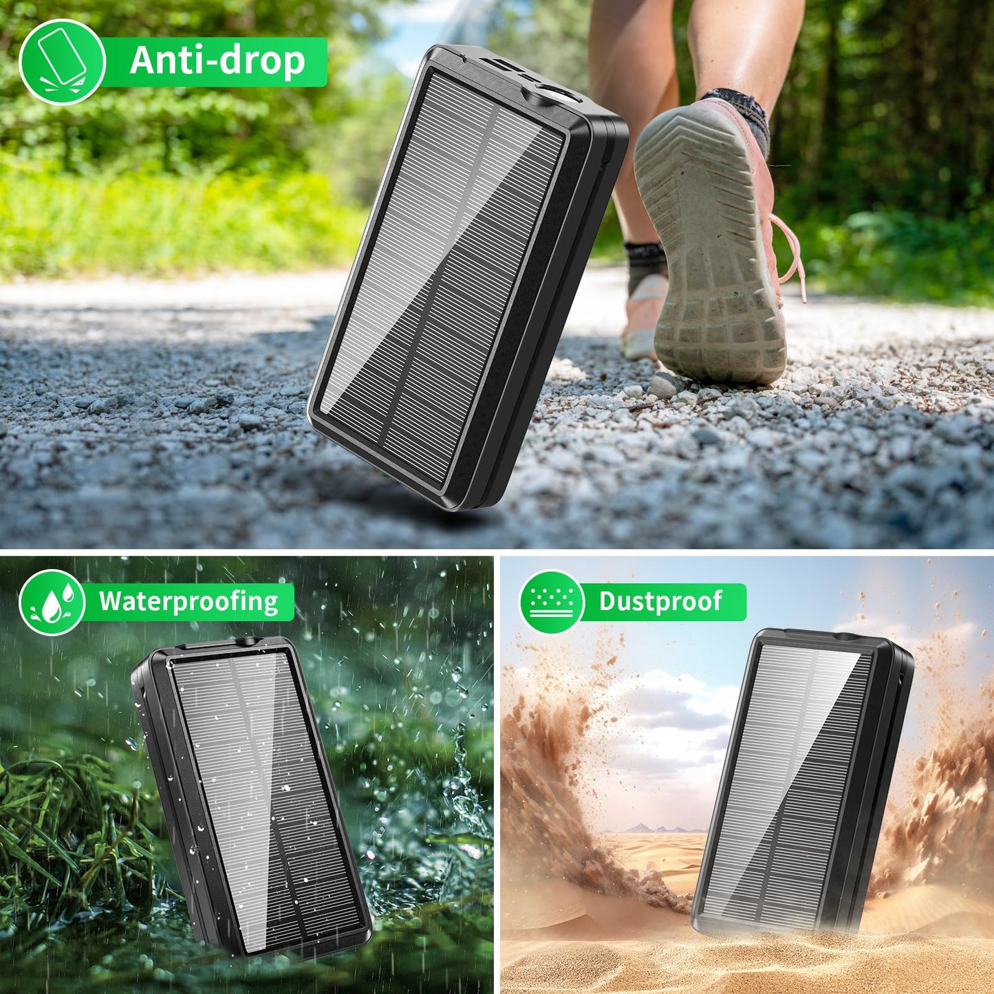 Portable Charger Solar Power Bank 52800mAh 5V/3A Fast Charging Battery Pack with Built in 4 Cables 2 Outputs & LED Flashlight for Cell Phone Camping and Hiking