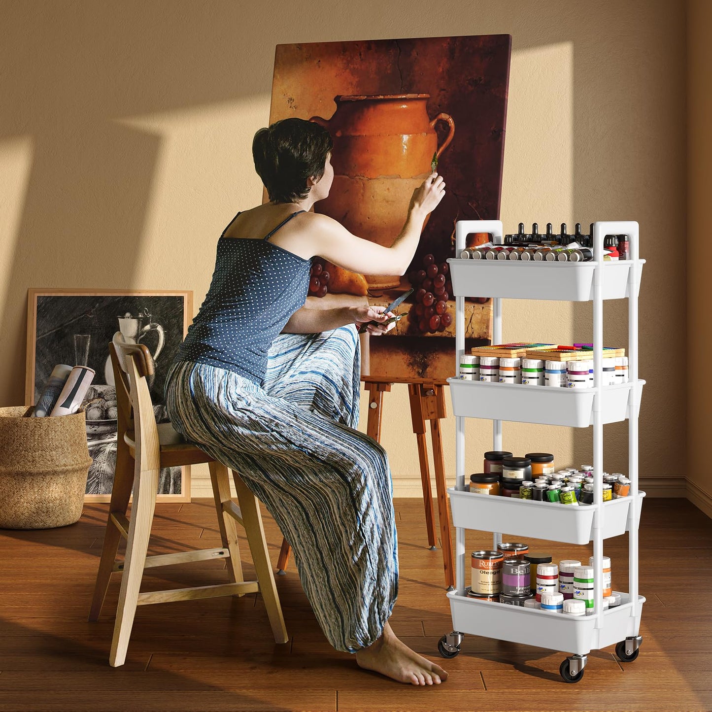 Pipishell 3 Tier Rolling Cart Organizer, Plastic Rolling Cart with Lockable Wheels & Reinforced Handle, Lightweight Utility Cart Storage Cart for Nursery, Kitchen, Bathroom, Craft Room, White, PIUC14W