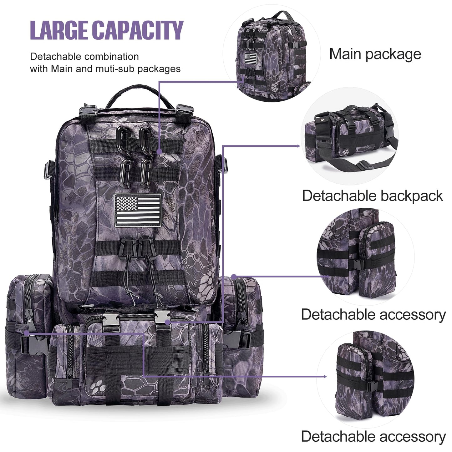 Large Military Tactical Backpack for Men, 40-50L Backpacks for Women, Bug out Bag Army 3 Days Assault Pack Bags Rucksack with Molle System Black Camouflage-2