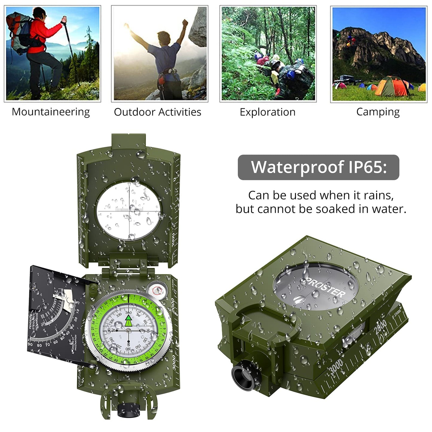Proster IP65 Compass Hiking Survival - Lensatic Sighting Compass for Camping Navigation, Compass with Clinometer & Carry Bag for Camping Hunting Hiking Geology Activities