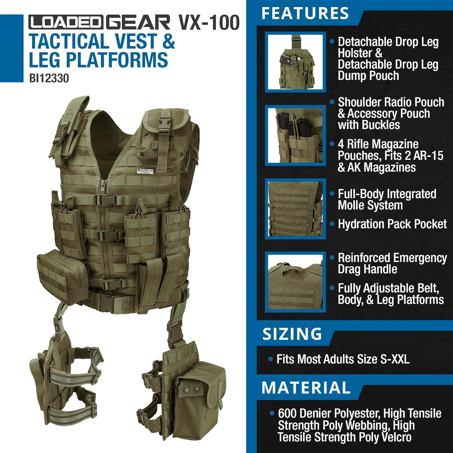 Barska Loaded Gear VX-100 Tactical Airsoft Paintball Hunting Adjustable Vest and Leg Platforms with Accessory Pouches & Attachment MOLLE System