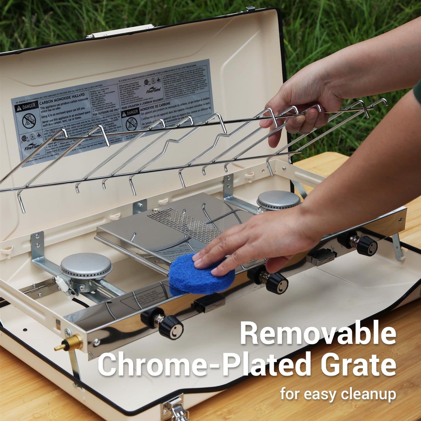 Camping Stove, 3 Burners Propane Portable Camp Stove with Regulator, Push-Button Instant Ignition, Adjustable Burners & Wind Guards for Car BBQ Picnics Outdoor Cooking (BEIGE-20400 BTUs)