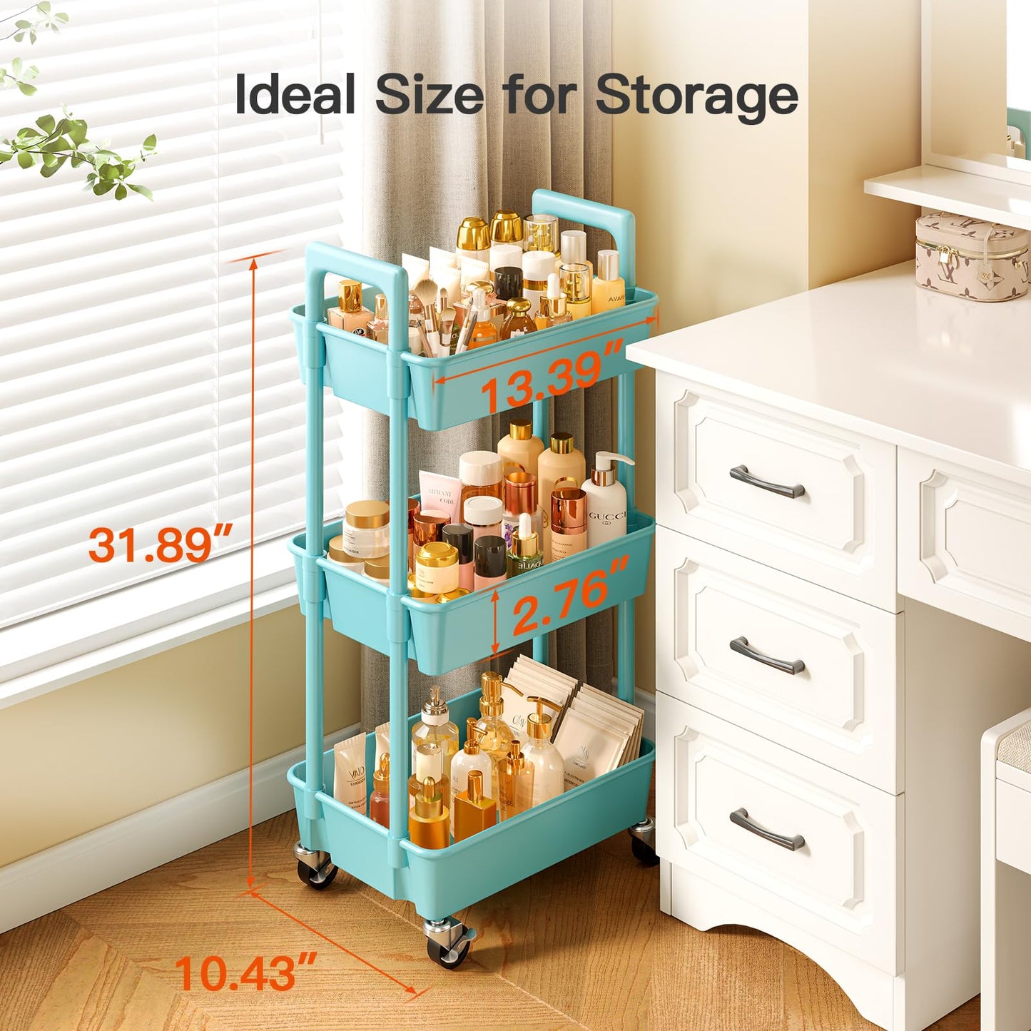 Pipishell 3 Tier Rolling Cart Organizer, Plastic Rolling Cart with Lockable Wheels & Reinforced Handle, Lightweight Utility Cart Storage Cart for Nursery, Kitchen, Bathroom, Craft Room, White, PIUC14W