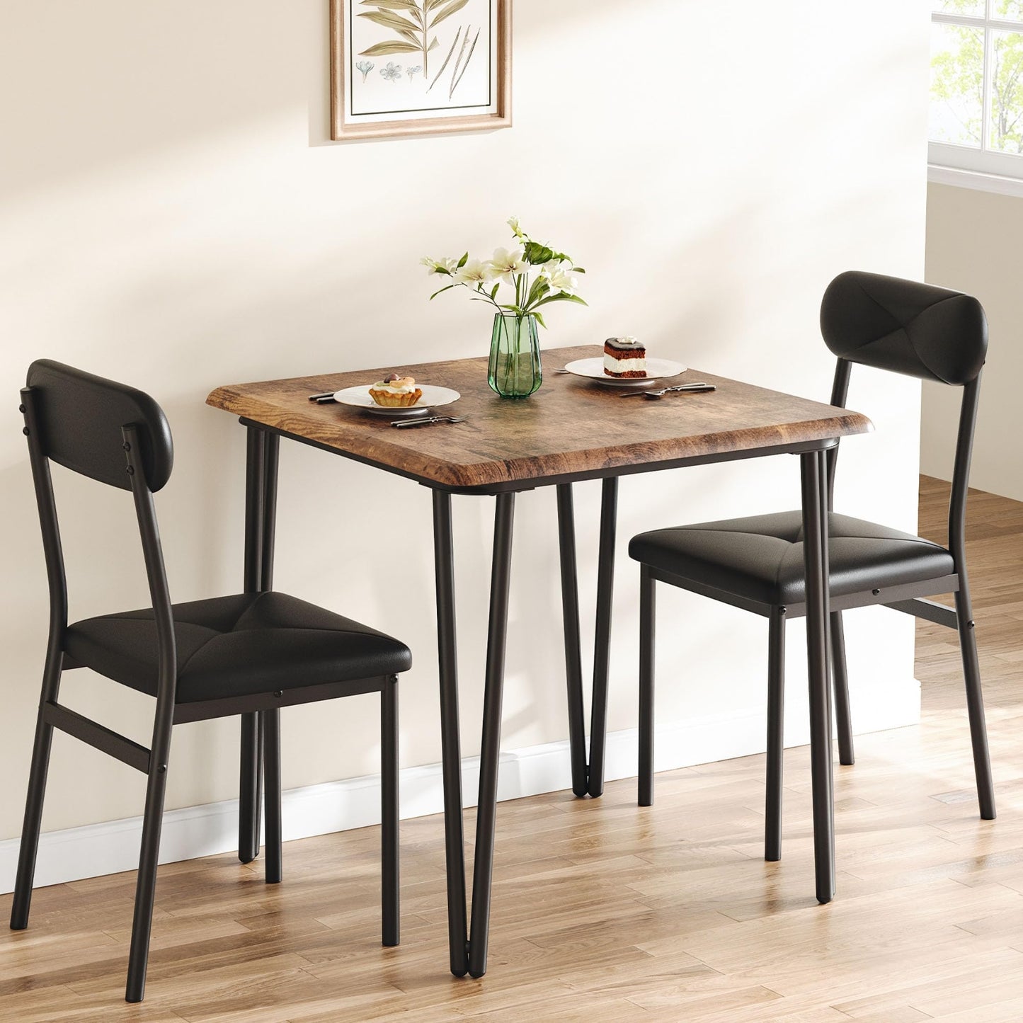 IDEALHOUSE Dining Table for 2-Small Square Kitchen Dining Dinner Room Tables Set,Space Saving Wood Modern Dinette Accent Furniture for Breakfast Nook, (Dark, Table with 2 Upholstered Chairs)