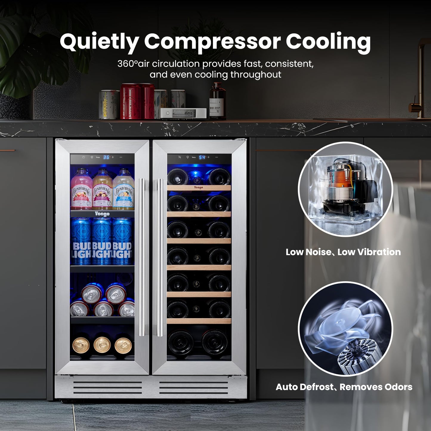 Yeego Beverage-Refrigerator, 24 Inch Beer Cooler Built-in or Freestanding,180 Cans Beverage Cooler with Glass Door,Mini-Fridge for Bottles and Cans Beer/Soda/Water/Wine