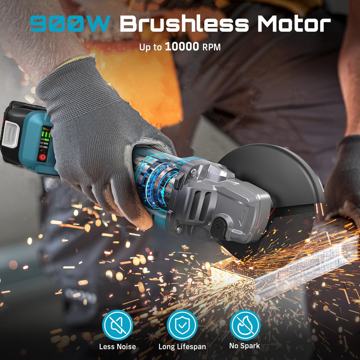 SEESII Cordless Angle Grinder 4-1/2 Inch, 21V Brushless Battery Grinder Tool with 2X 4.0Ah Batteries, 10000RPM for Metal Cutting, Grinding, Polishing, Rust Removal (Blue)