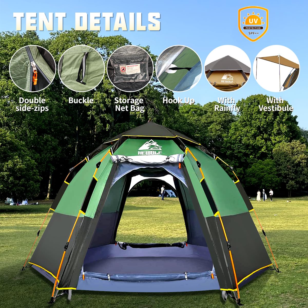 Hewolf 2/3/4 Person Camping Tent - Instant Pop Up Waterproof 2 Doors Tent with Easy Setup | 3-Season Hexagonal Dome Design for Family, Hiking & Traveling