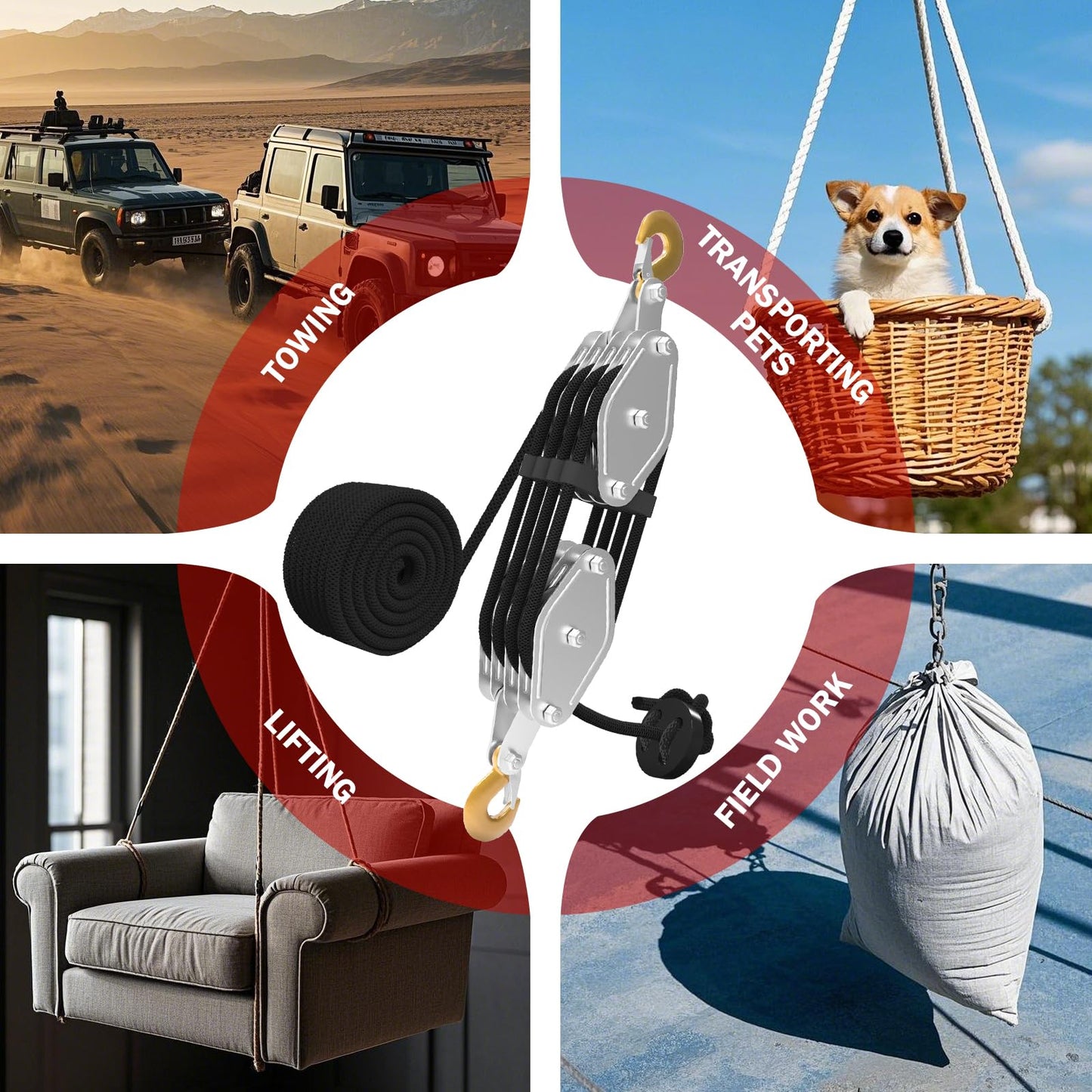 Rope Hoist Pulley System, 4400LB Pulley Block and Tackle, 8:1 Ratio Lifting Power 65ft, Heavy Duty Pulley Block for Lifting Pulling (with 2PCs Straps)