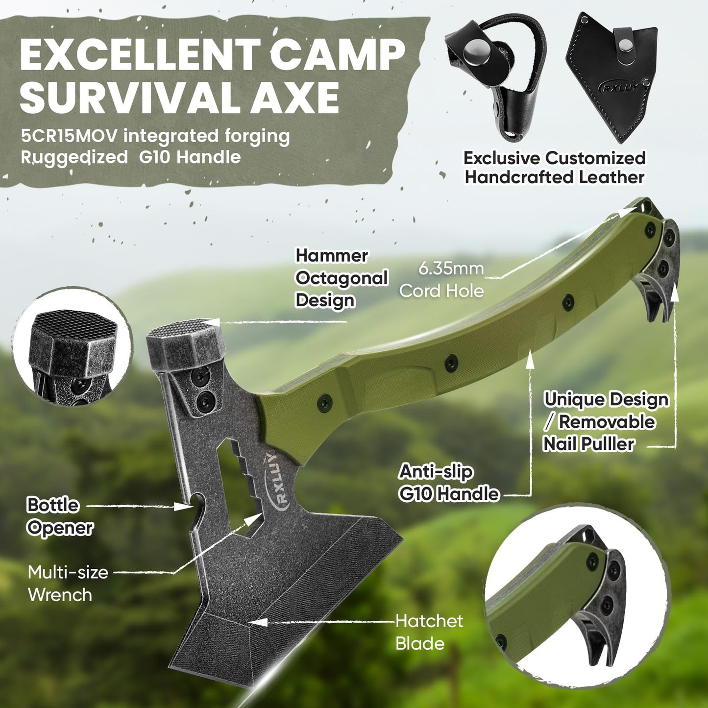 Tactical Axe with G10 Handle Camping Survival Hatchet, Multifunctional Hiking Outdoor Heavy Duty Full Tang Tomahawk Tools with Hammer, Unique Design Crowbar, Leather Sheath (Green)