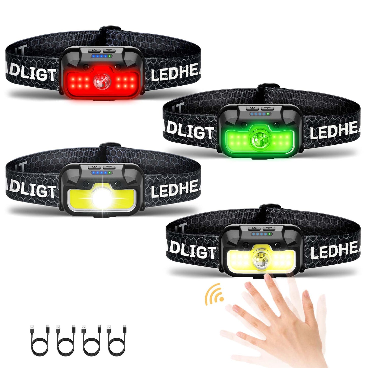 Headlamp Rechargeable, 2 Pack 1300 Lumen Ultra-Light Bright Head Lamp with White Red Green, 14 Modes Adjustable Waterproof Motion Sensor Headlight for Outdoor Camping Running Cycling Hiking