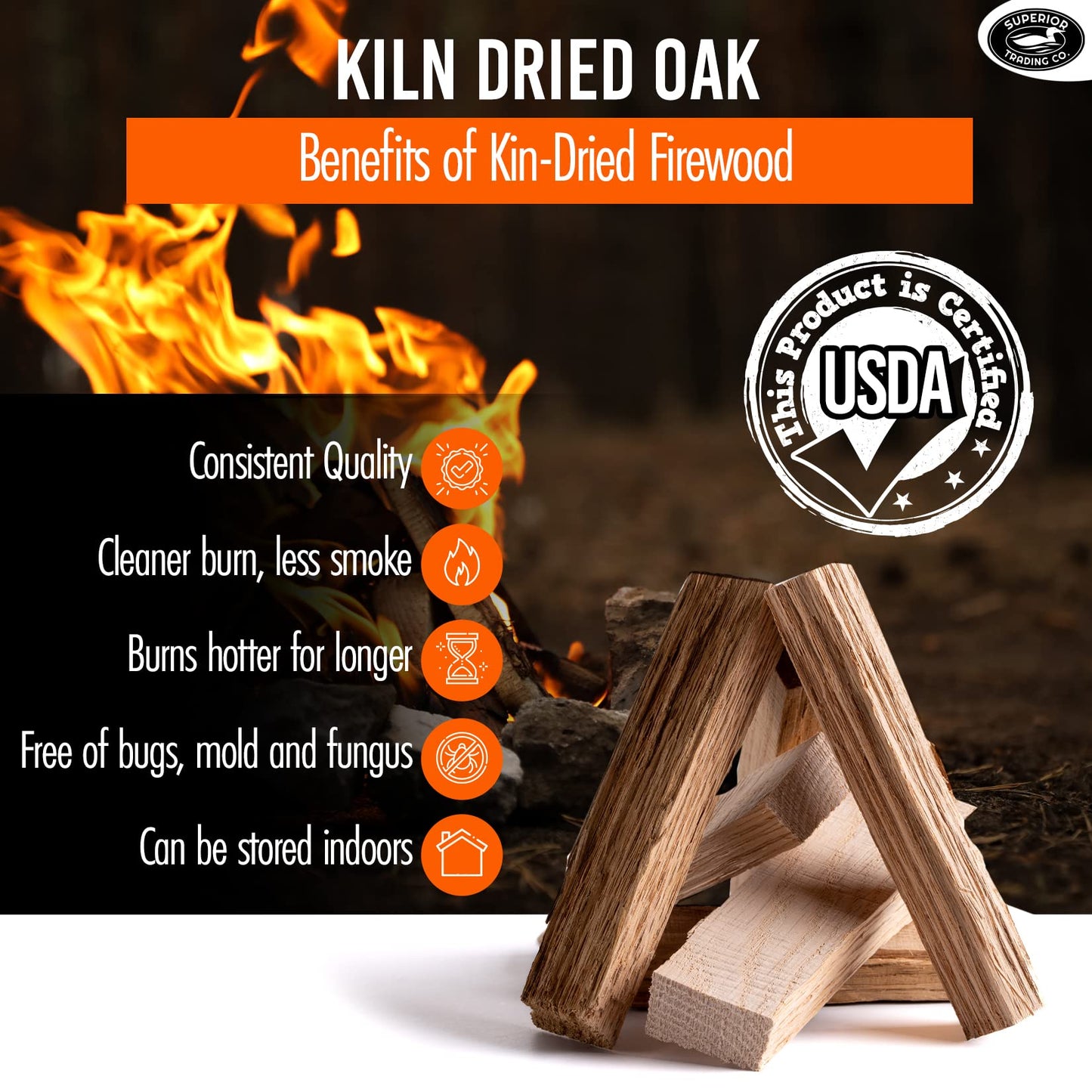 Superior Trading Oak Mini Fire Wood w/Fire Starter Pods, Winter Fireplace Starter, Wood Stove, USDA Cert 4-5” Kiln Dried Firewood, USA Made, 10-11 lbs in Plastic Storage Box