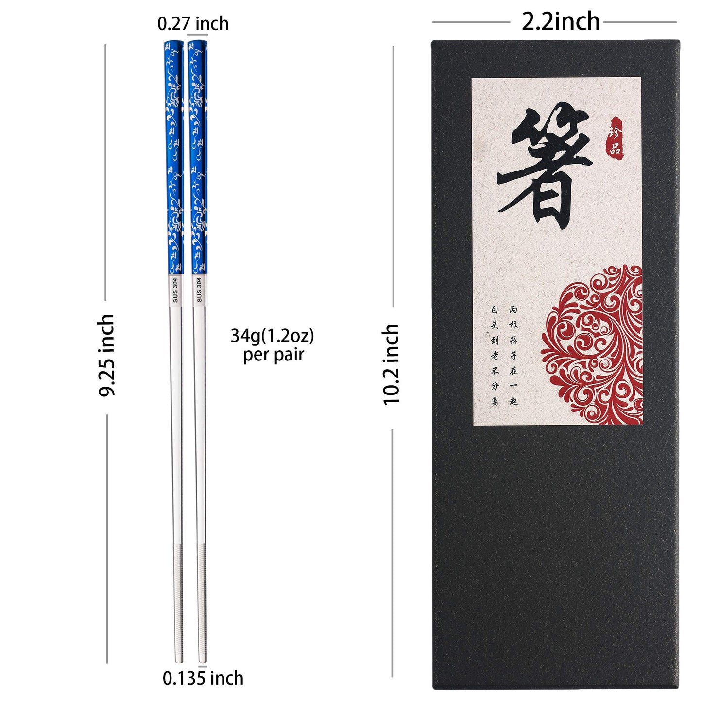 Titanium Plated Chopstick Stainless Steel Chopsticks Metal Chopsticks Reusable Dishwasher safe Premium Laser Engraved Chop Sticks for Eating 2 Pairs Gift Set Blue Silver