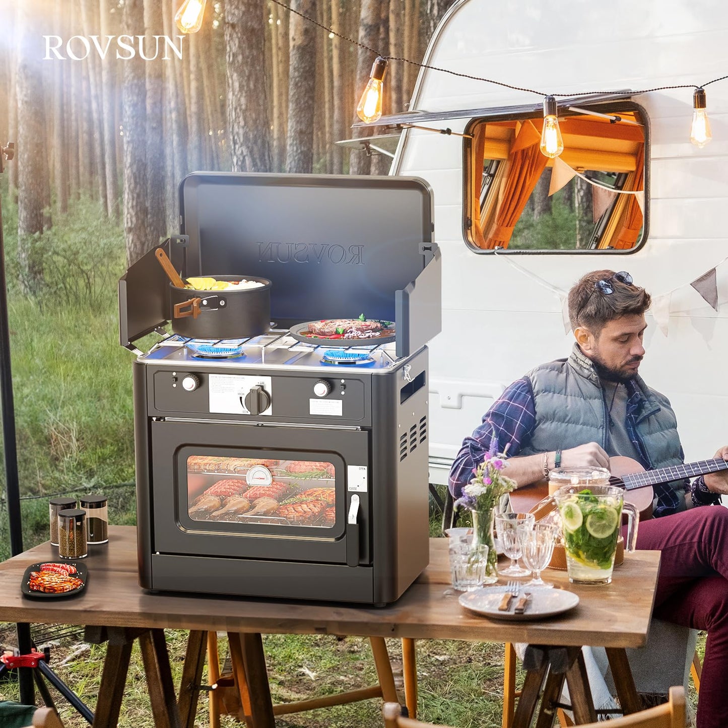 ROVSUN 2-in-1 Portable Camping Stove & Propane Oven with Piezo Igniter, 2 Burner Stove & Outdoor Oven with Adjustable Fire, Thermometer, Wind Panel & Regulator for Traveling, Tailgating (Black)