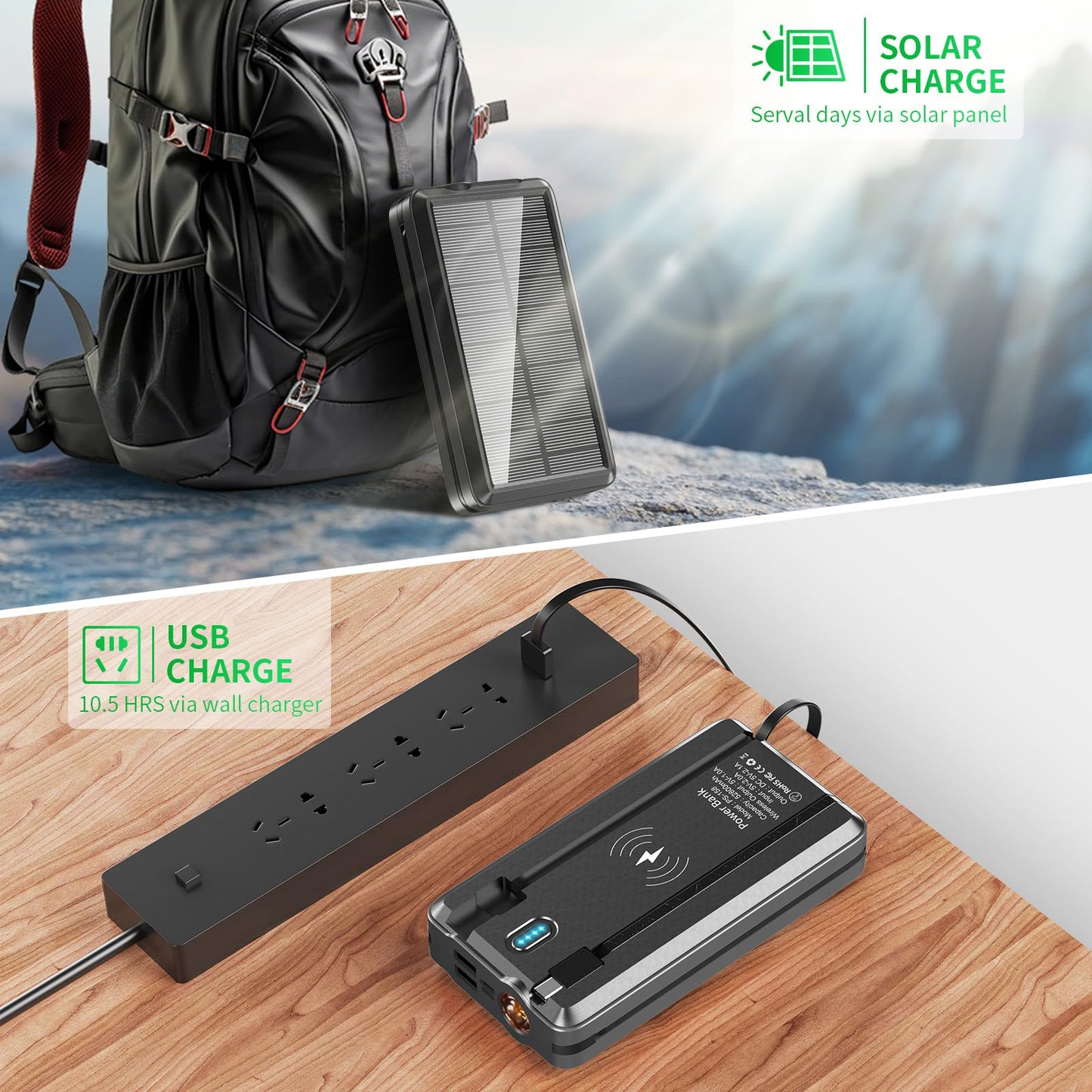 Portable Charger Solar Power Bank 52800mAh 5V/3A Fast Charging Battery Pack with Built in 4 Cables 2 Outputs & LED Flashlight for Cell Phone Camping and Hiking
