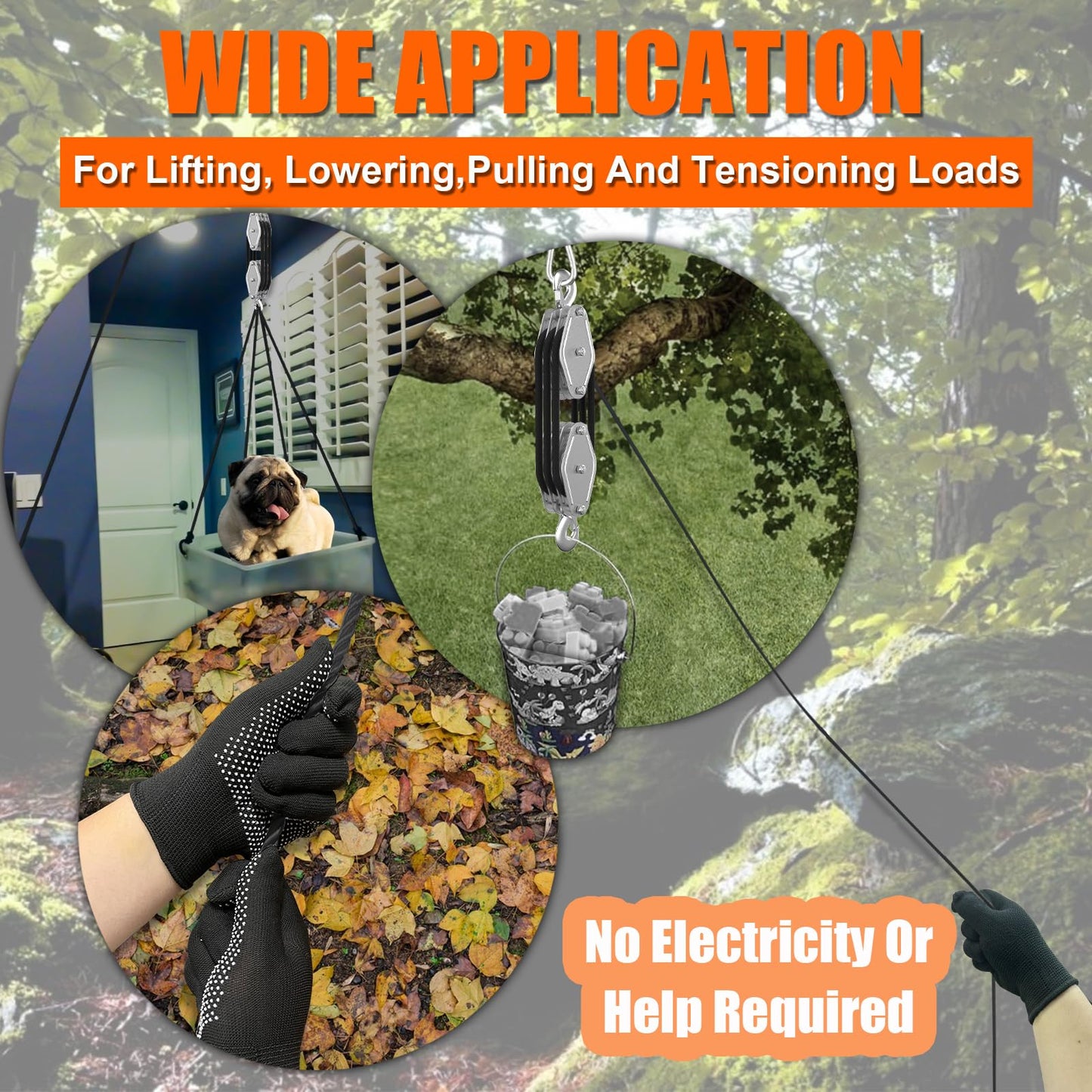 Rope Hoist Pulley System, 4400LB Pulley Block and Tackle, 8:1 Ratio Lifting Power 65ft, Heavy Duty Pulley Block for Lifting Pulling (with 2PCs Straps)