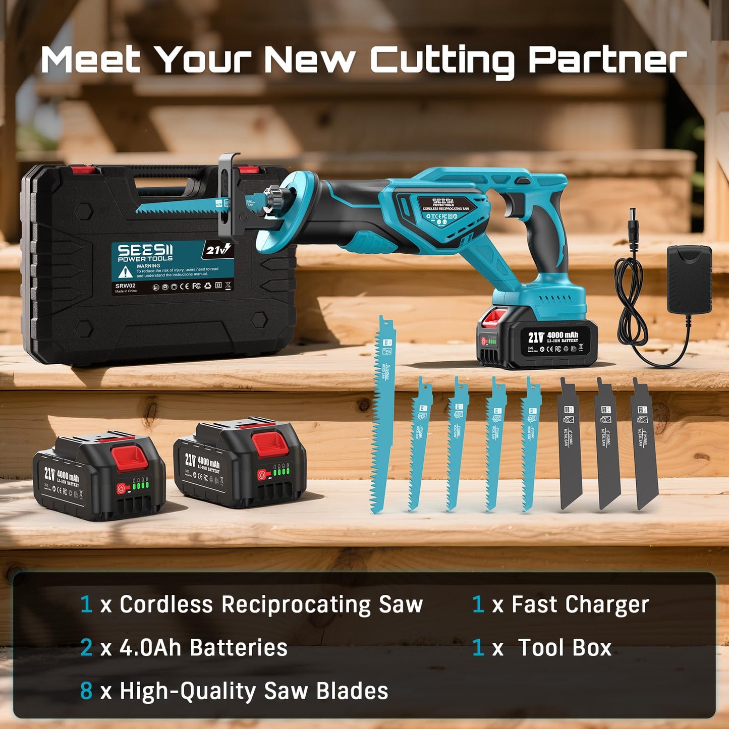Seesii Reciprocating Saw Cordless, Variable Speed 3500 RPM Brushless Motor with 8 Saw Blades, 2 x 4.0Ah Batteries, LED Light, Tool‑Free Blade Change, Portable for Wood PVC Cutting