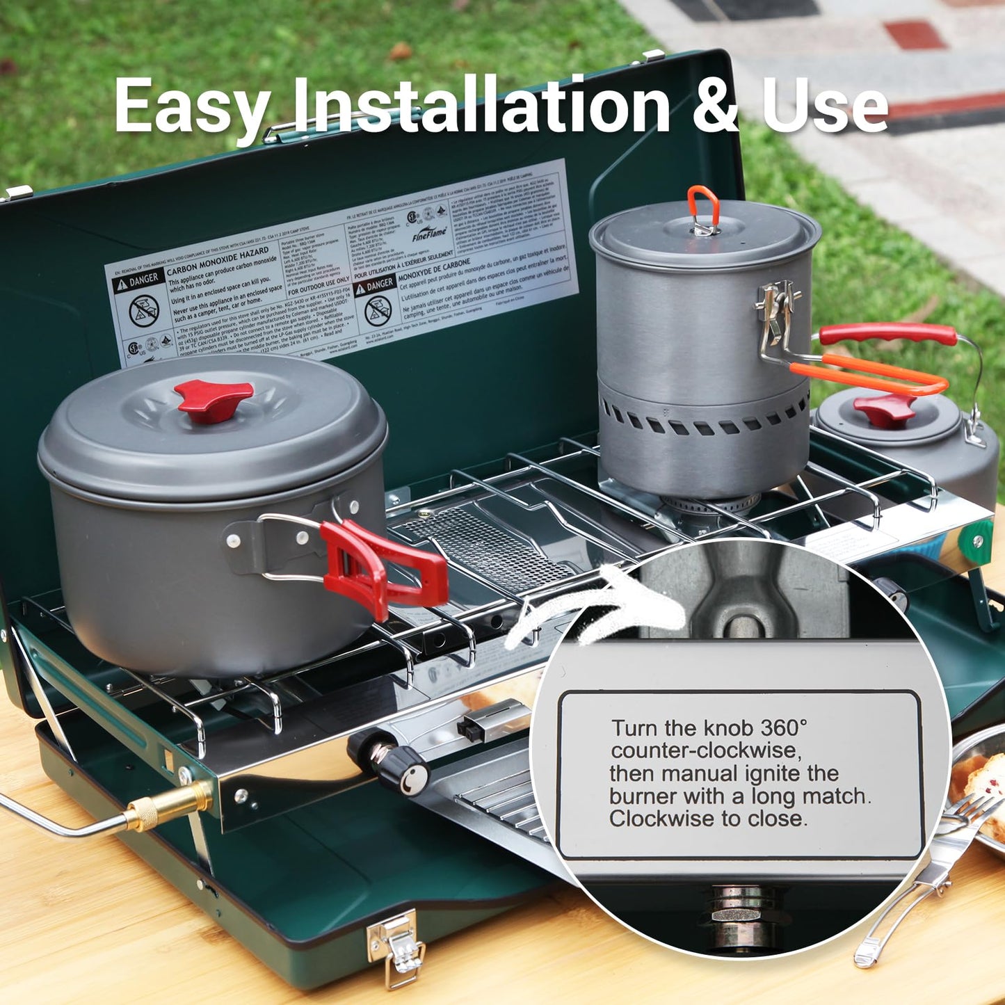 Camping Stove, 3 Burners Propane Portable Camp Stove with Regulator, Push-Button Instant Ignition, Adjustable Burners & Wind Guards for Car BBQ Picnics Outdoor Cooking (BEIGE-20400 BTUs)