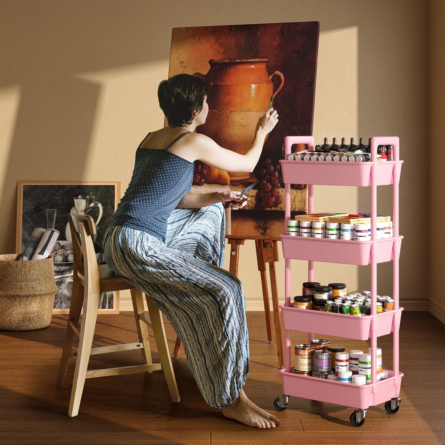 Pipishell 3 Tier Rolling Cart Organizer, Plastic Rolling Cart with Lockable Wheels & Reinforced Handle, Lightweight Utility Cart Storage Cart for Nursery, Kitchen, Bathroom, Craft Room, White, PIUC14W