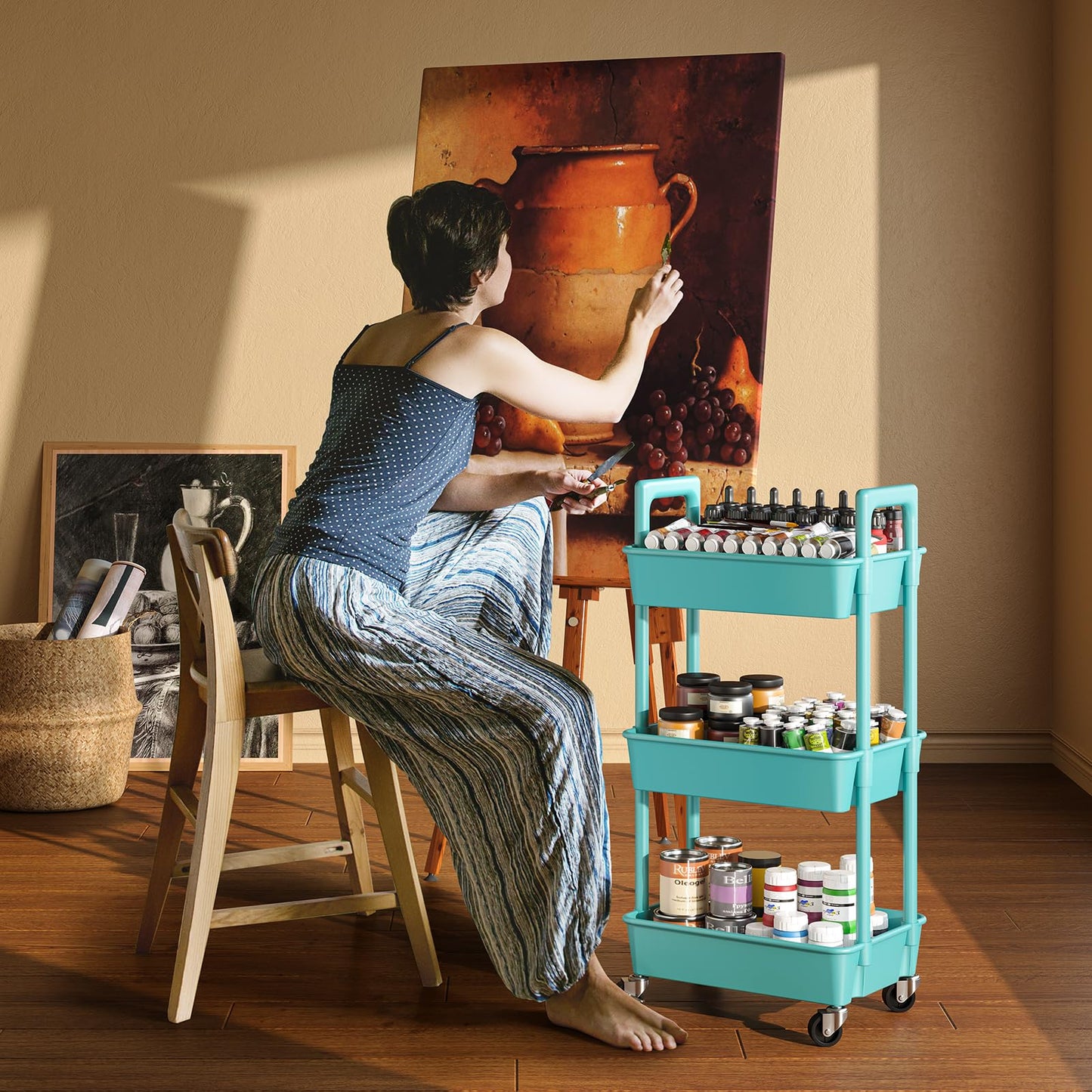 Pipishell 3 Tier Rolling Cart Organizer, Plastic Rolling Cart with Lockable Wheels & Reinforced Handle, Lightweight Utility Cart Storage Cart for Nursery, Kitchen, Bathroom, Craft Room, White, PIUC14W