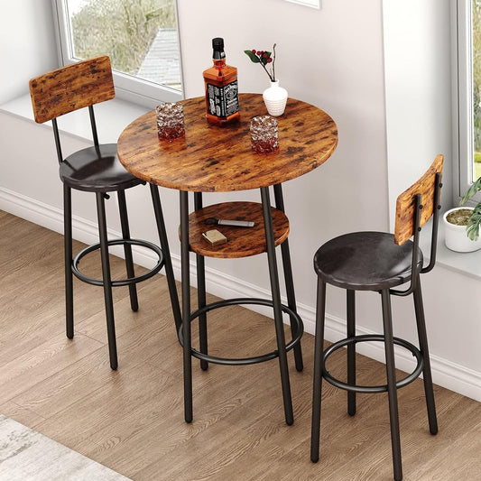 3-Piece Dining Table Set for 2, Small Round Kitchen Table with 2 Chairs, Counter Height Bar Table with Storage, Pub Table and PU Upholstery Stools for Small Space, Apartment, Bistro-Brown