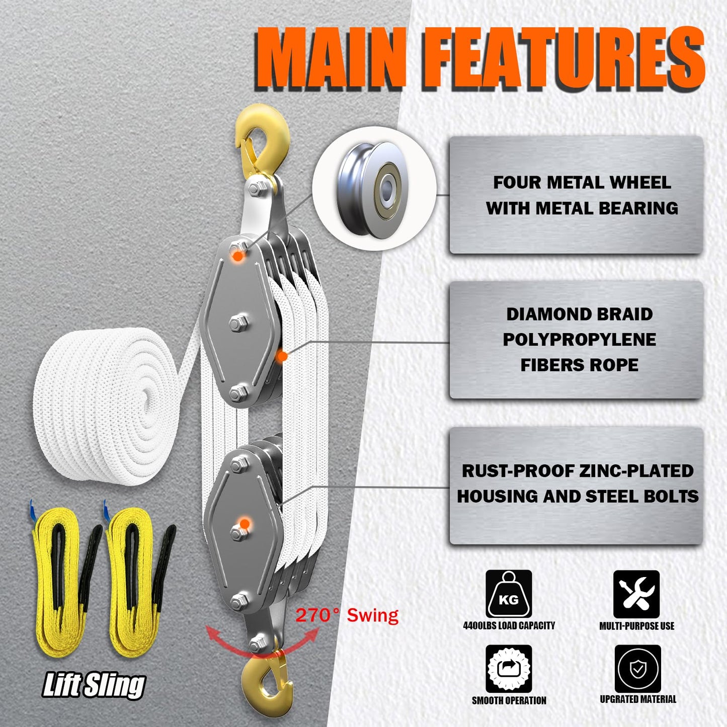 Rope Hoist Pulley System, 4400LB Pulley Block and Tackle, 8:1 Ratio Lifting Power 65ft, Heavy Duty Pulley Block for Lifting Pulling (with 2PCs Straps)