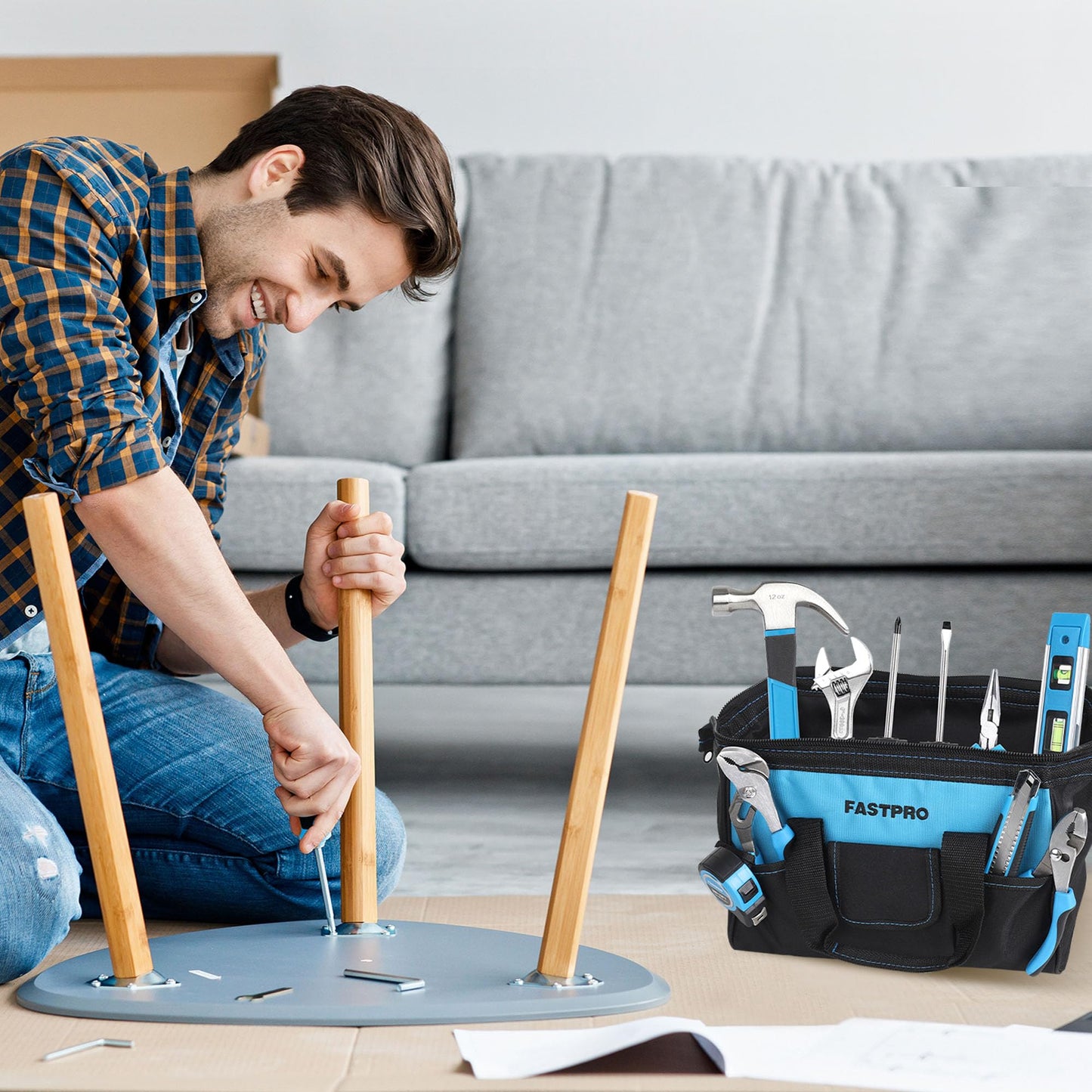 FASTPRO 232-Piece 20V Cordless Lithium-Ion Drill Driver & Home Tool Set, Household Repairing Tool Kit with Drill, 12-Inch Wide Mouth Storage Tool Bag, Green