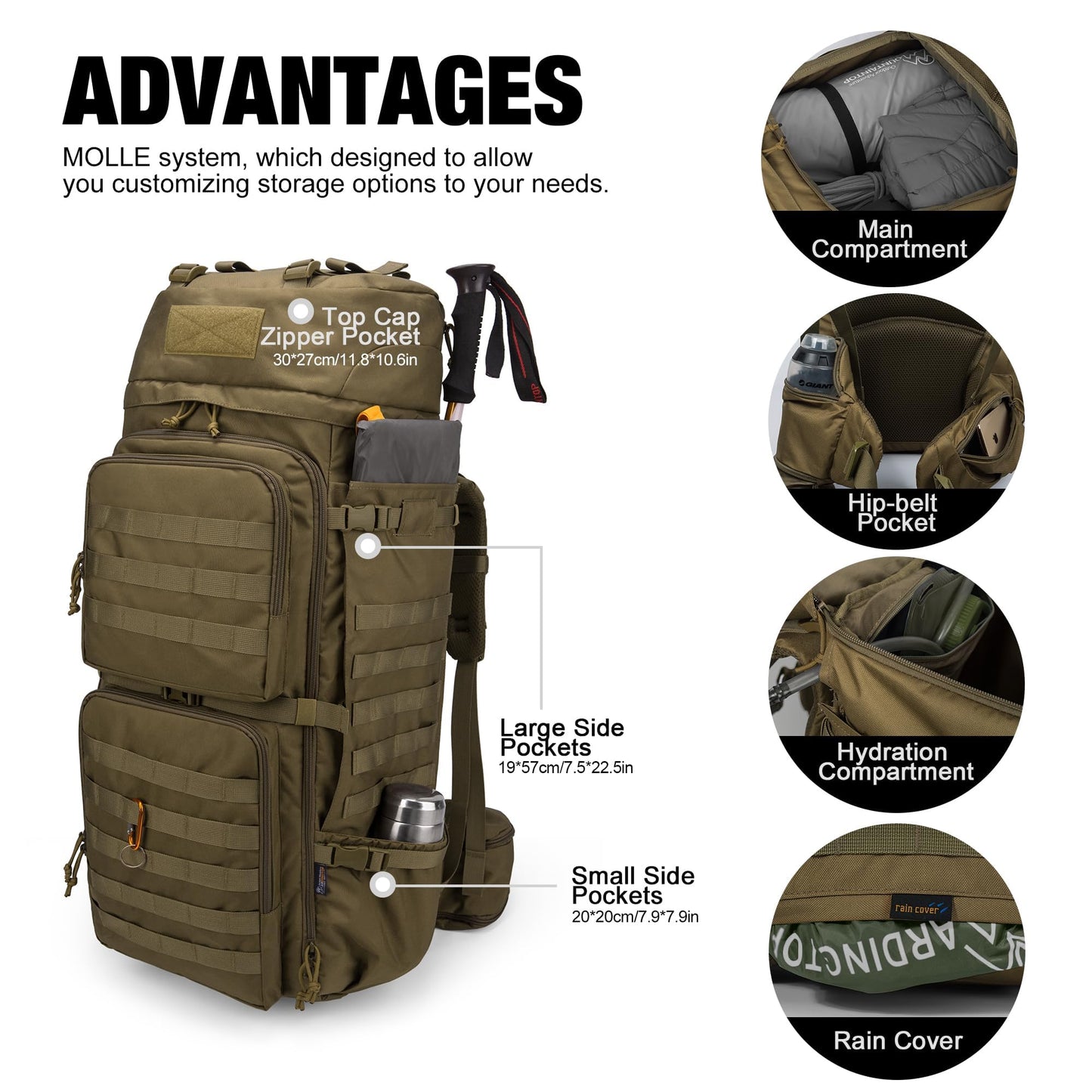 Mardingtop 75L Molle Hiking Internal Frame Backpacks with Rain Cover for Camping,Backpacking,Travelling