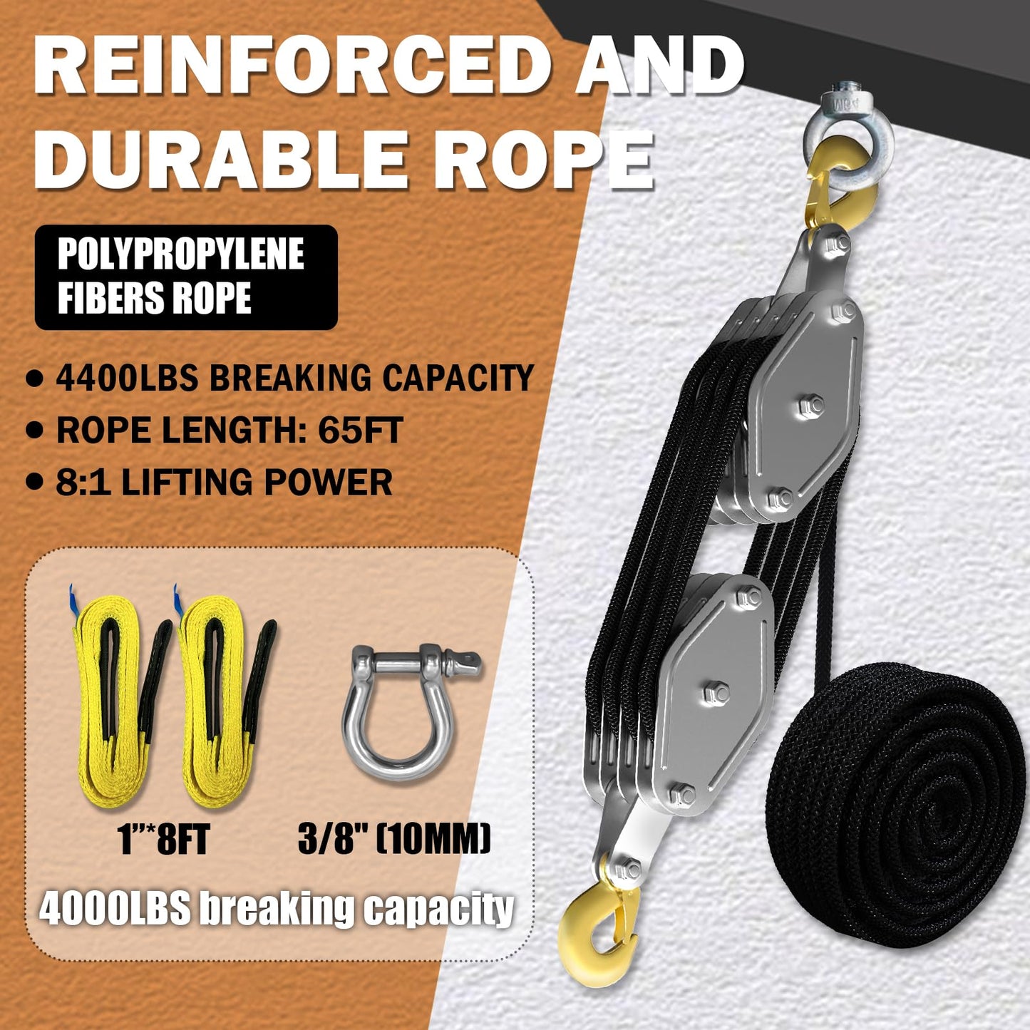 Rope Hoist Pulley System, 4400LB Pulley Block and Tackle, 8:1 Ratio Lifting Power 65ft, Heavy Duty Pulley Block for Lifting Pulling (with 2PCs Straps)