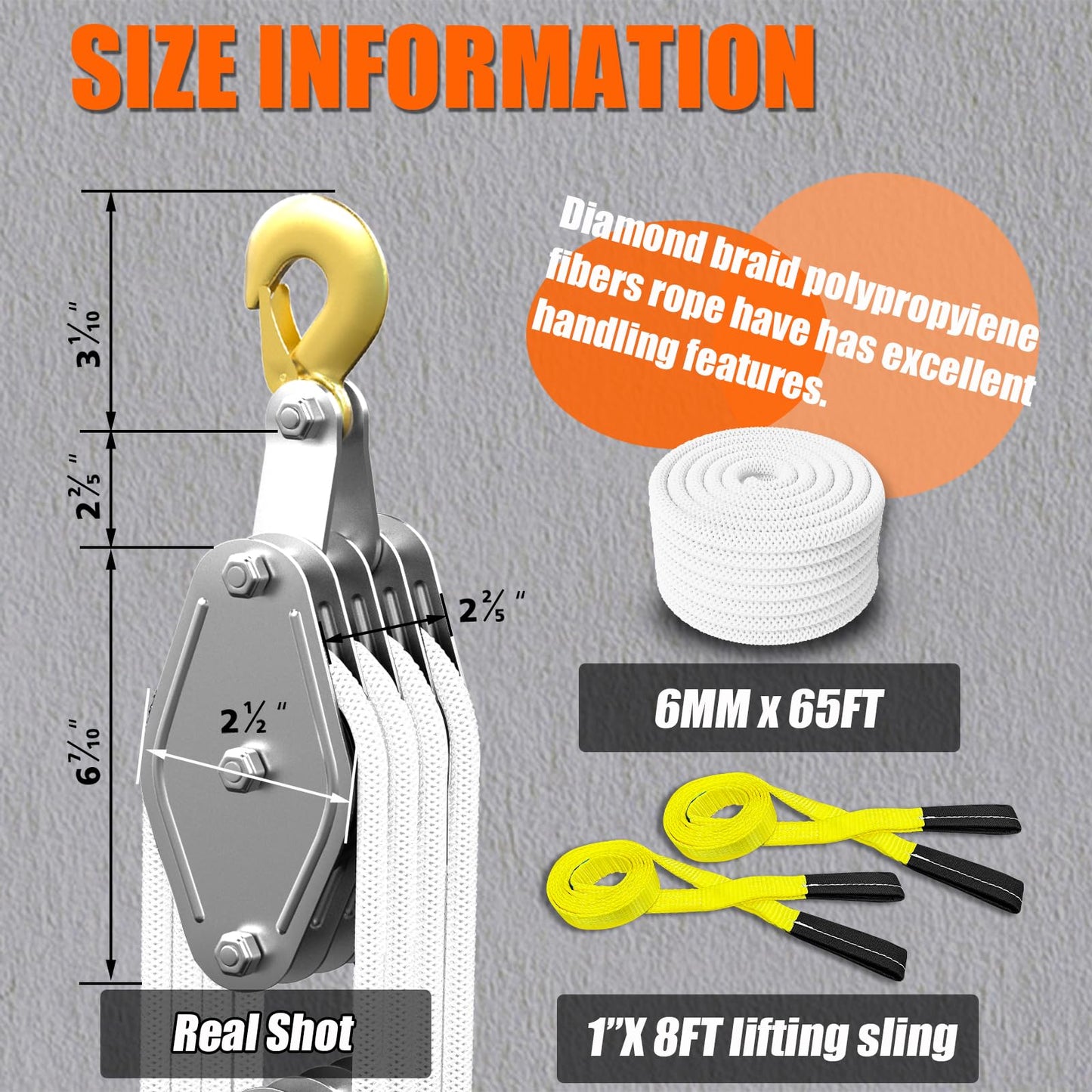 Rope Hoist Pulley System, 4400LB Pulley Block and Tackle, 8:1 Ratio Lifting Power 65ft, Heavy Duty Pulley Block for Lifting Pulling (with 2PCs Straps)