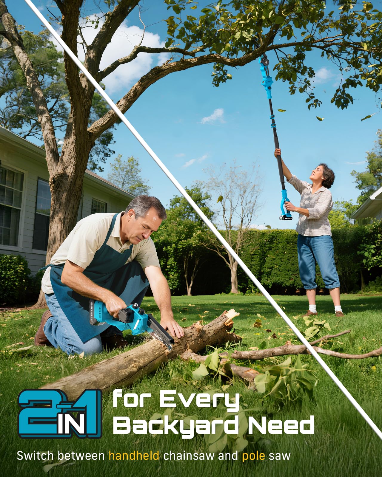 SEESII 2-in-1 Electric Pole Saws for Tree Trimming, 6 Inch Mini Chainsaw Cordless with Extension Pole, Battery Powered Pole Chain Saw, Tree Trimmer Limb Branch Cutter Pruner with 2 Battery PS600