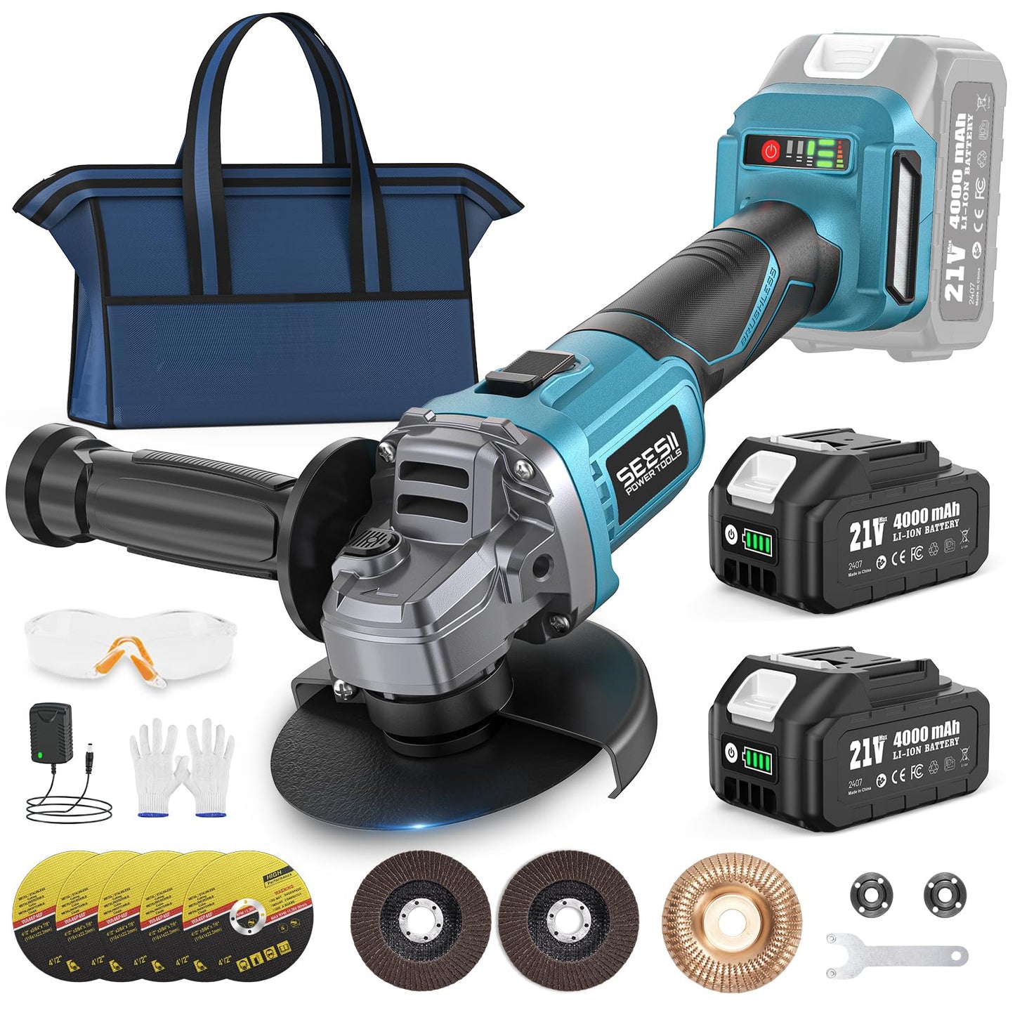 SEESII Cordless Angle Grinder 4-1/2 Inch, 21V Brushless Battery Grinder Tool with 2X 4.0Ah Batteries, 10000RPM for Metal Cutting, Grinding, Polishing, Rust Removal (Blue)
