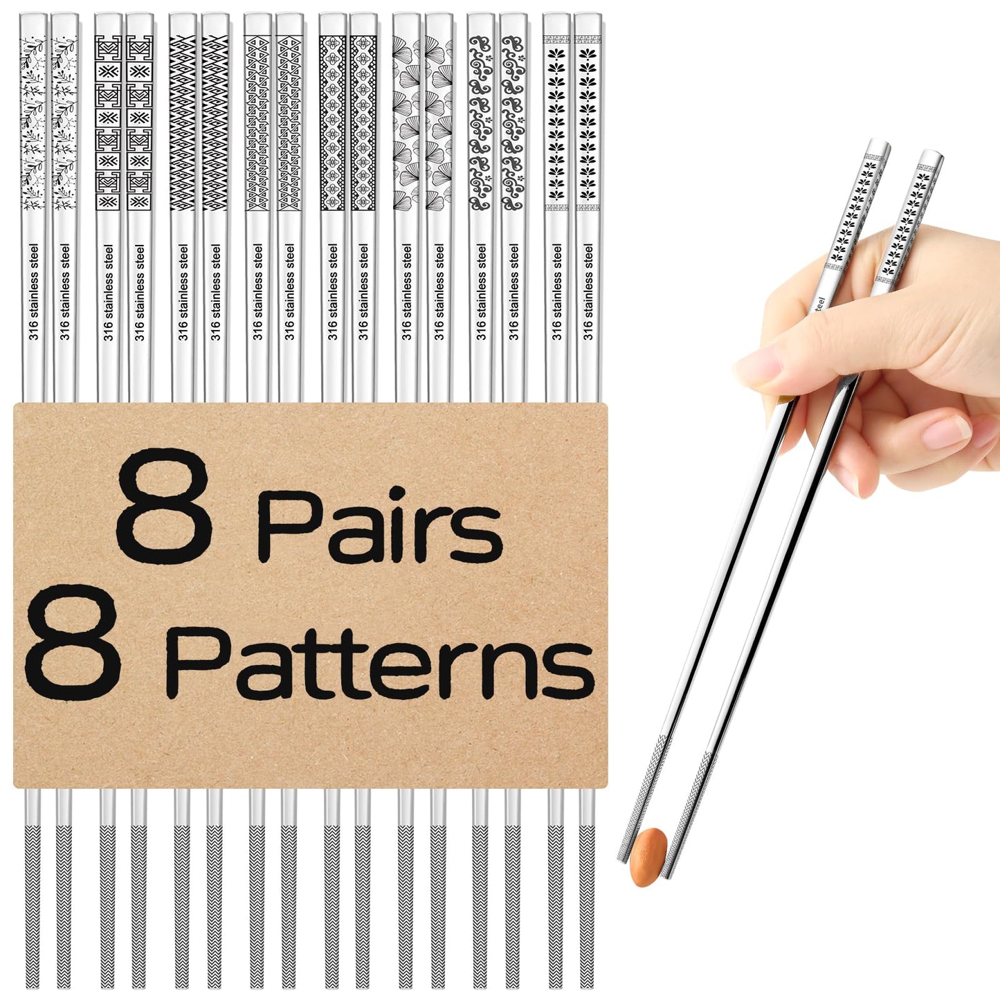 8 Pairs Metal Chopsticks Reusable Black Stainless Steel Chopsticks Set Laser Engraved Non-slip Japanese Korean Chinese Chopstick for Cooking Eating Dishwasher Safe 9.25" Chop Sticks Gift Set