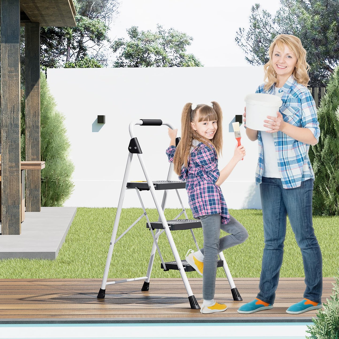 KINGRACK 4 Step Folding Ladder, 800lbs Capacity Step Stool with Safety Lock, Non-Skid Wide Pedals, and Handrail, Lightweight, Household Ladder for Home, Kitchen, Pantry, Closets, and Office Use, White