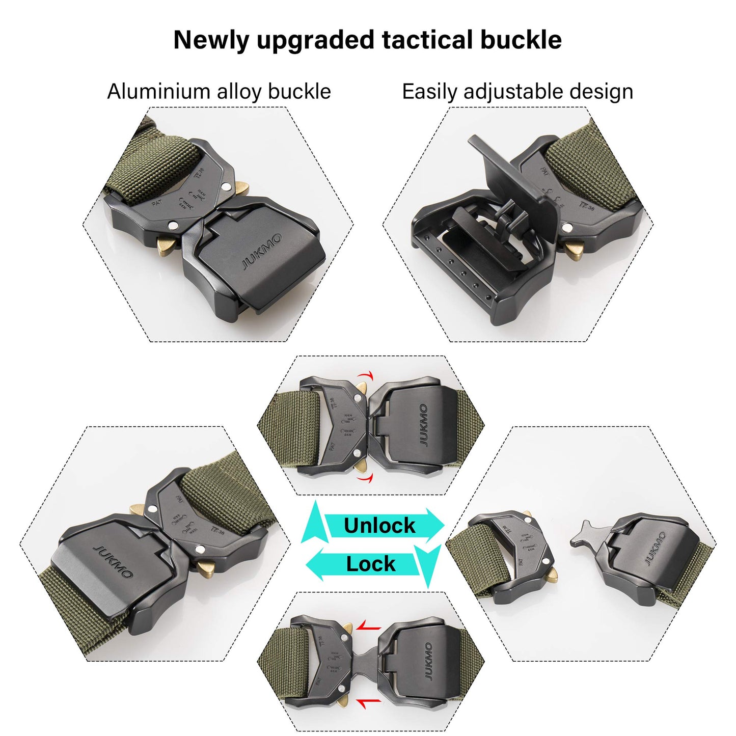 JUKMO Tactical Belt, Military Hiking Rigger 1.5" Nylon Web Work Belt with Heavy Duty Quick Release Buckle