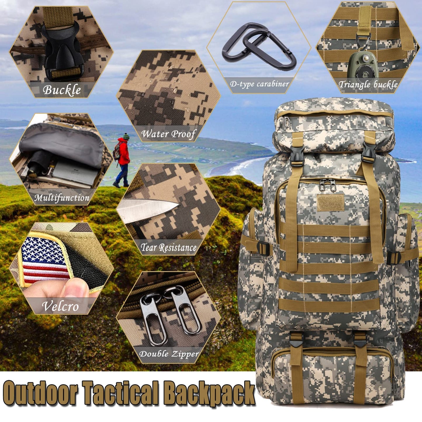 70L Hiking Backpack for Men, Waterproof Lightweight Camping Backpack, Military Rucksack with Molle, 3-Day Assault Pack for Travel, Climbing, Outdoor Sports (Green Camouflage)