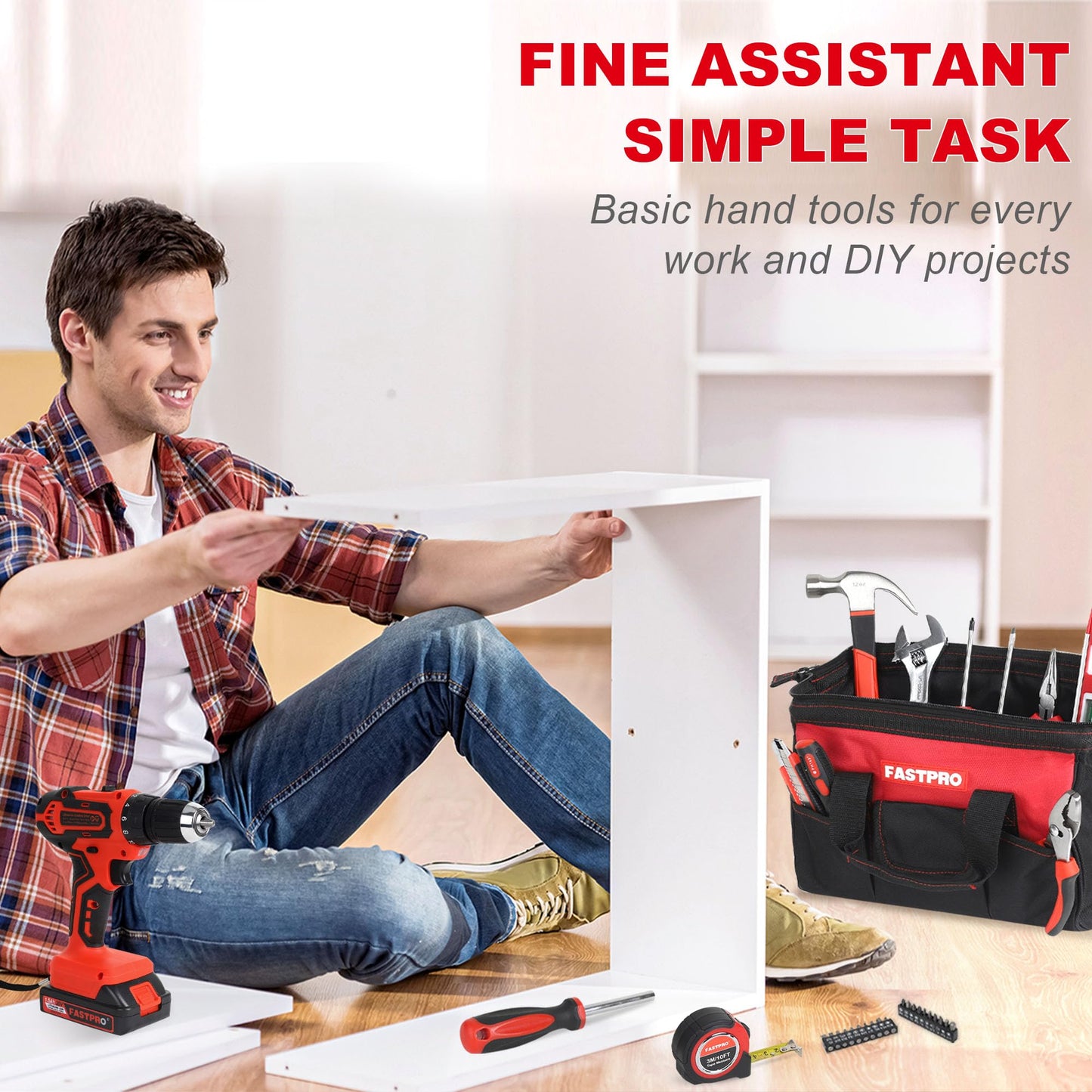 FASTPRO 232-Piece 20V Cordless Lithium-Ion Drill Driver & Home Tool Set, Household Repairing Tool Kit with Drill, 12-Inch Wide Mouth Storage Tool Bag, Green